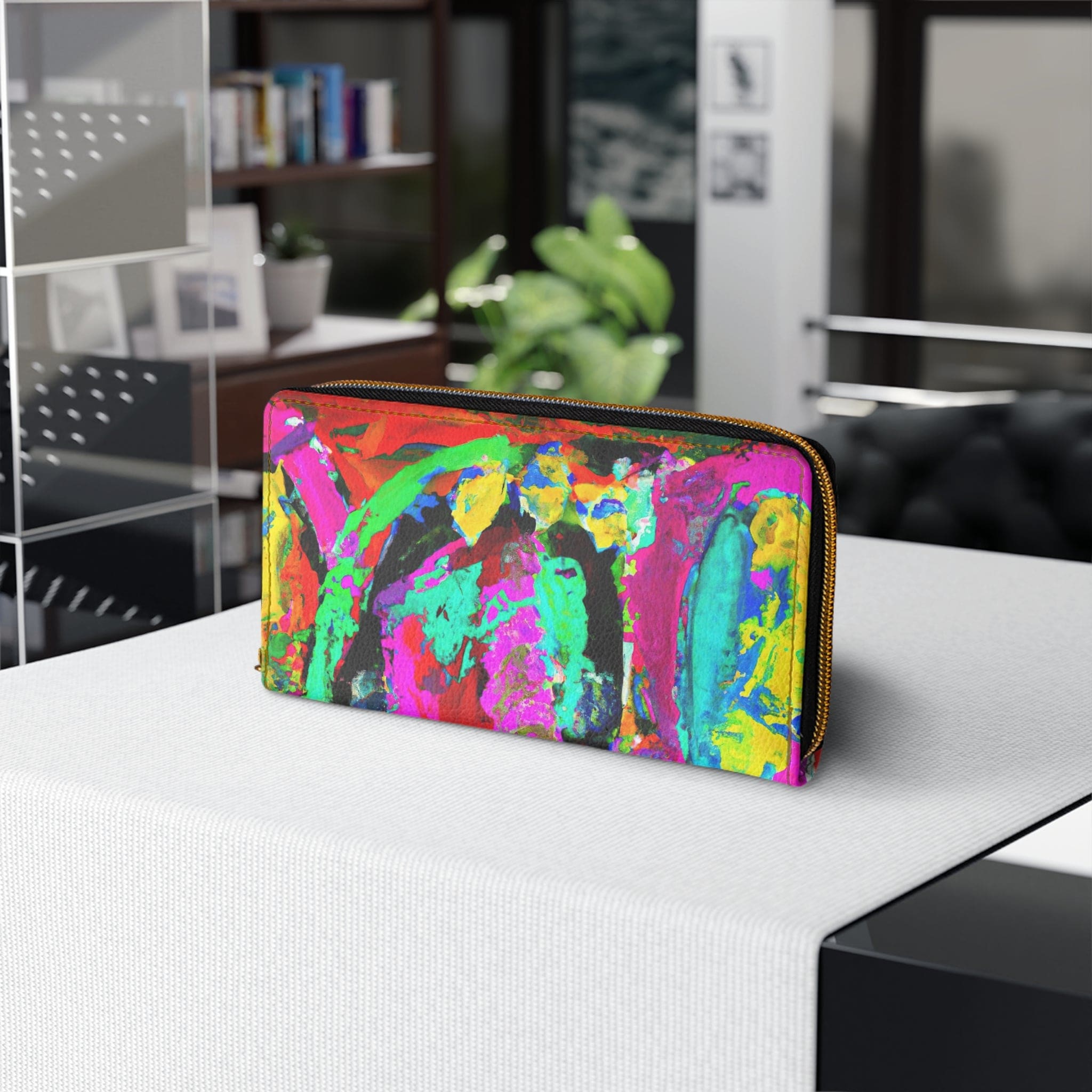 Multicolor abstract expression pattern women's zipper wallet clutch showcasing vibrant colors and stylish design.