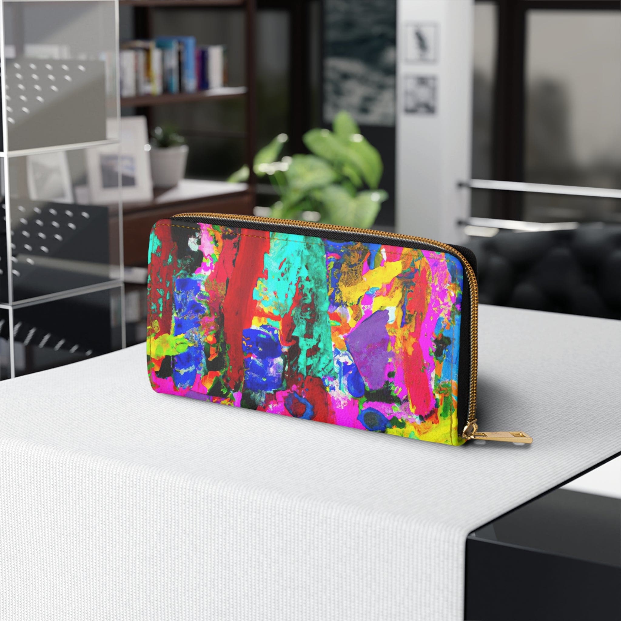 Multicolor abstract expression pattern women's zipper wallet clutch showcasing vibrant colors and stylish design.