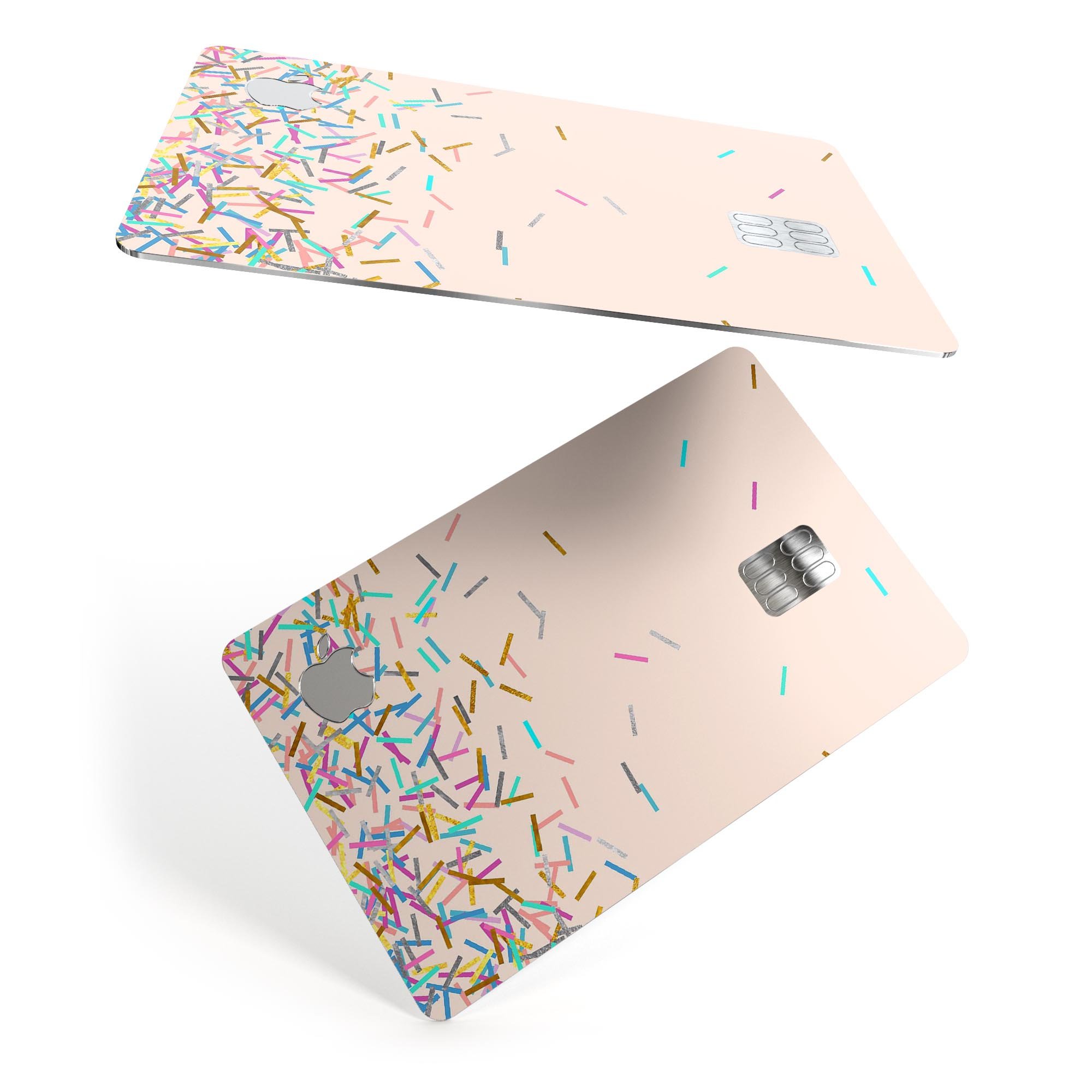 Multicolor Birth Sprinkles decal on a tan background, designed for Apple Card protection.