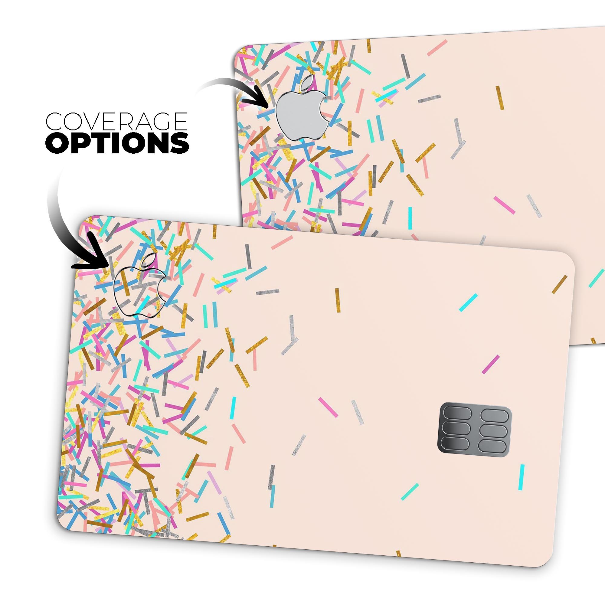 Multicolor Birth Sprinkles decal on a tan background, designed for Apple Card protection.