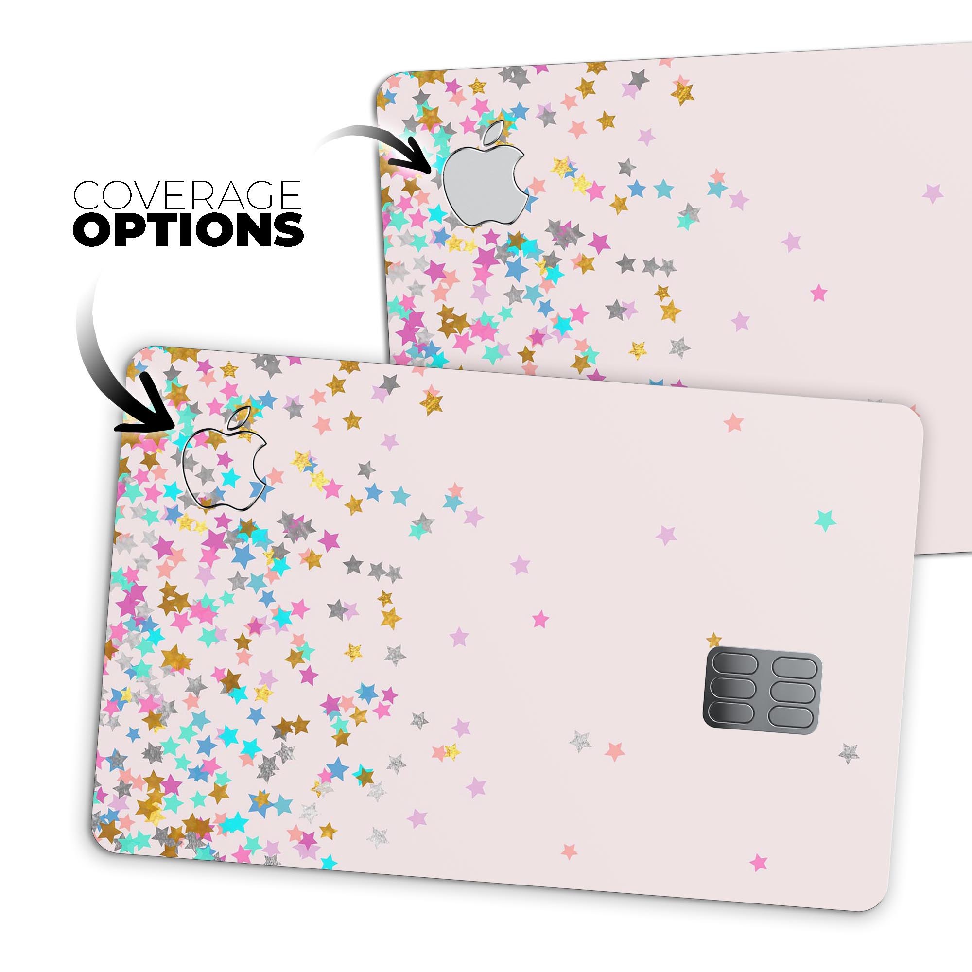 Multicolor Birthday Dots skin for Apple Card, featuring vibrant colors on a pink background, designed for protection and style.