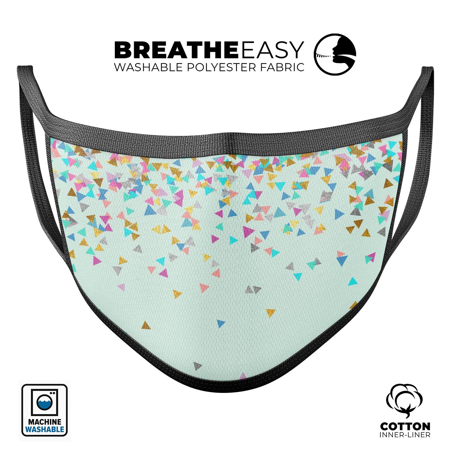 Multicolor Birthday Shapes Over Mint reusable mouth cover, featuring vibrant colors and adjustable ear loops for a comfortable fit.