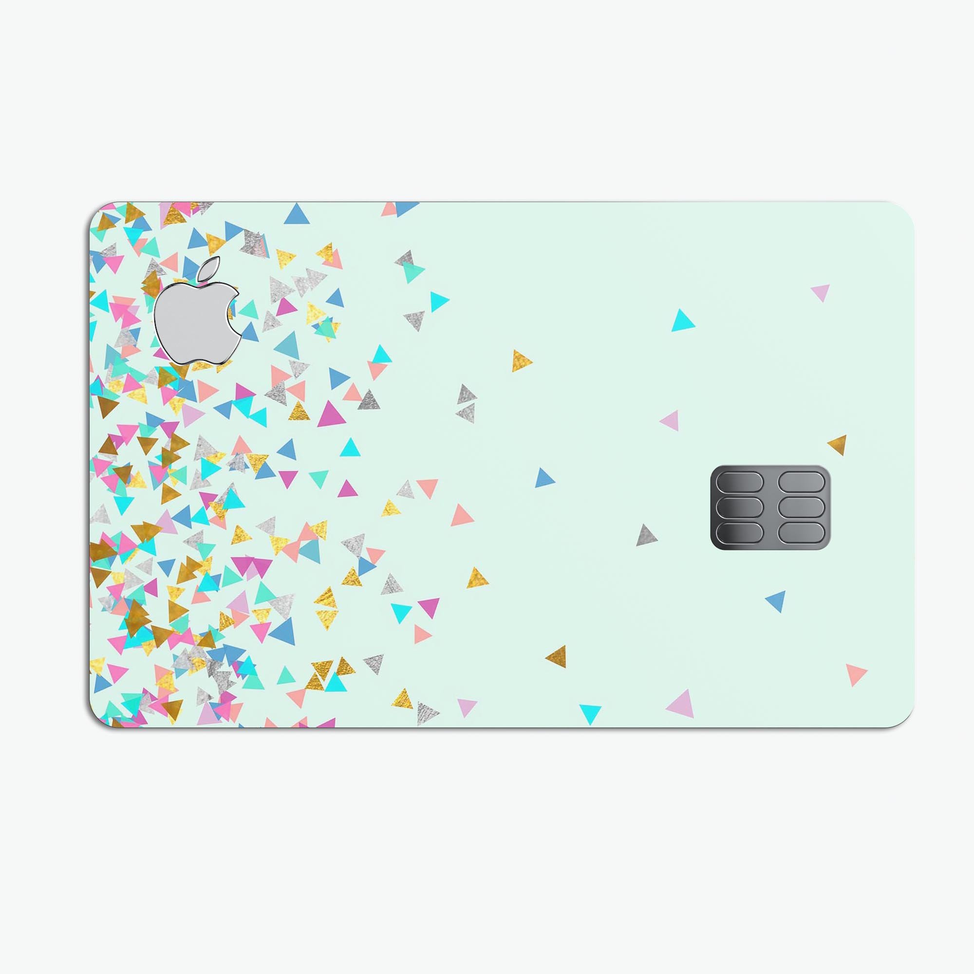 Multicolor Birthday Shapes Over Mint decal on an Apple Card, showcasing vibrant colors and a stylish design.