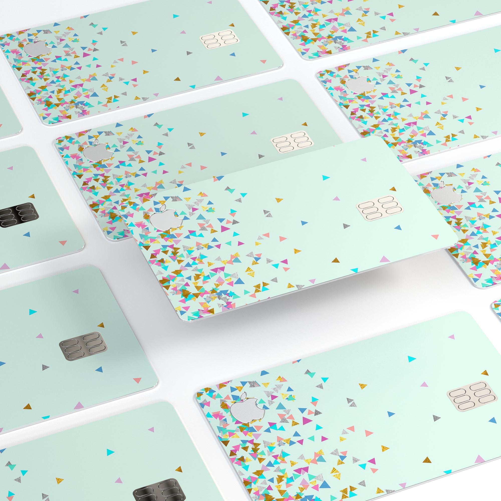 Multicolor Birthday Shapes Over Mint decal on an Apple Card, showcasing vibrant colors and a stylish design.