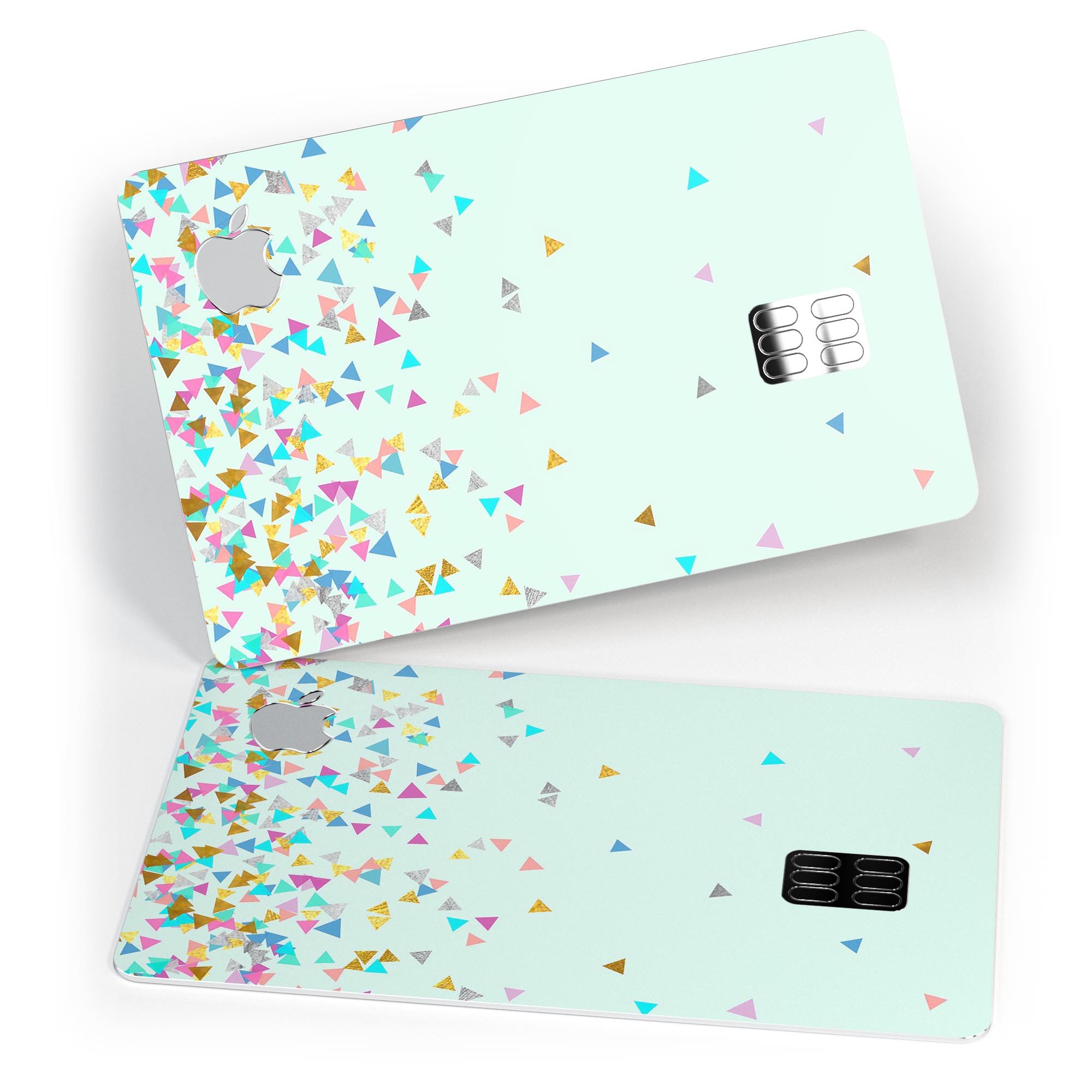 Multicolor Birthday Shapes Over Mint decal on an Apple Card, showcasing vibrant colors and a stylish design.