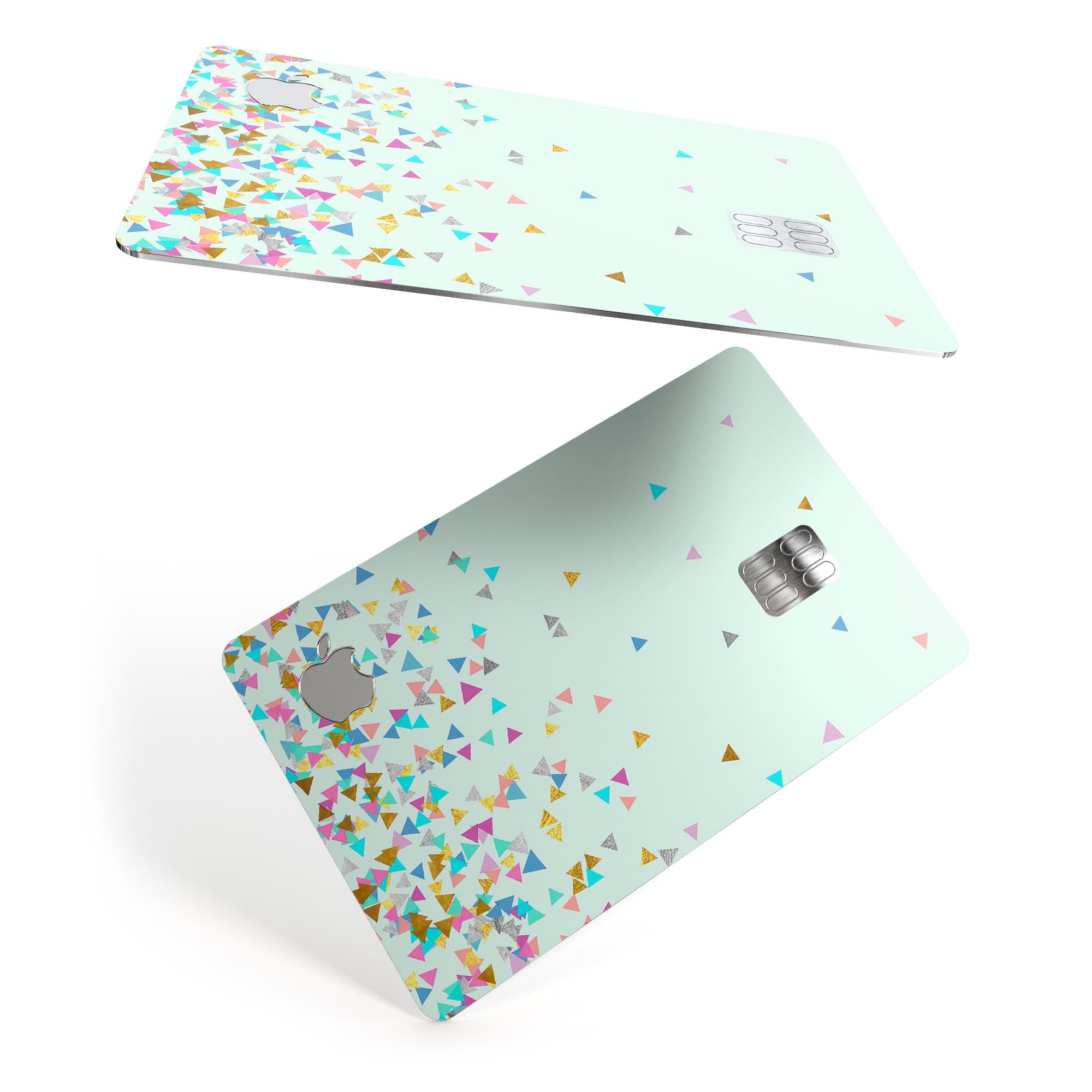 Multicolor Birthday Shapes Over Mint decal on an Apple Card, showcasing vibrant colors and a stylish design.