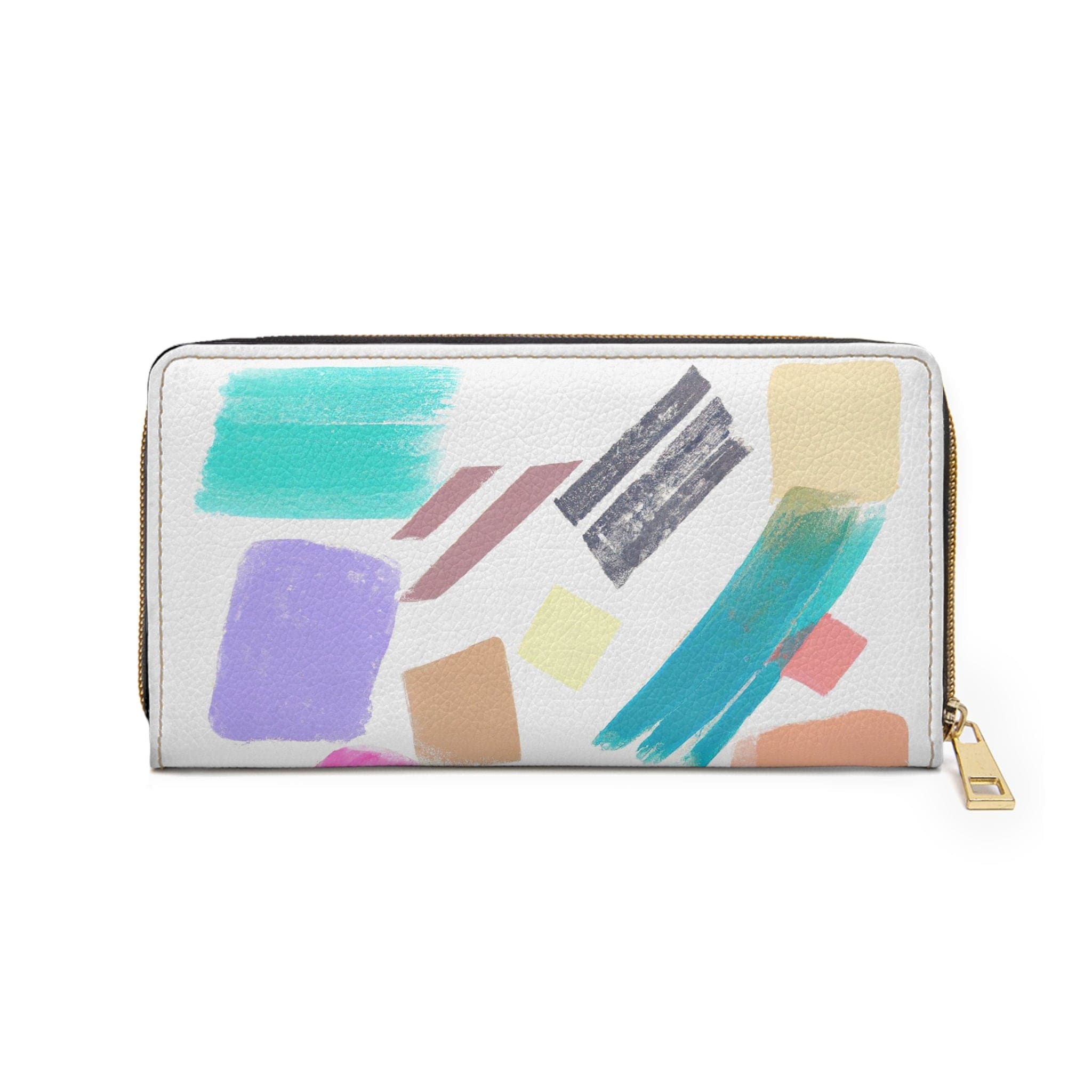 Multicolor pastel geometric brush stroke pattern women's zipper wallet showcasing vibrant colors and stylish design.