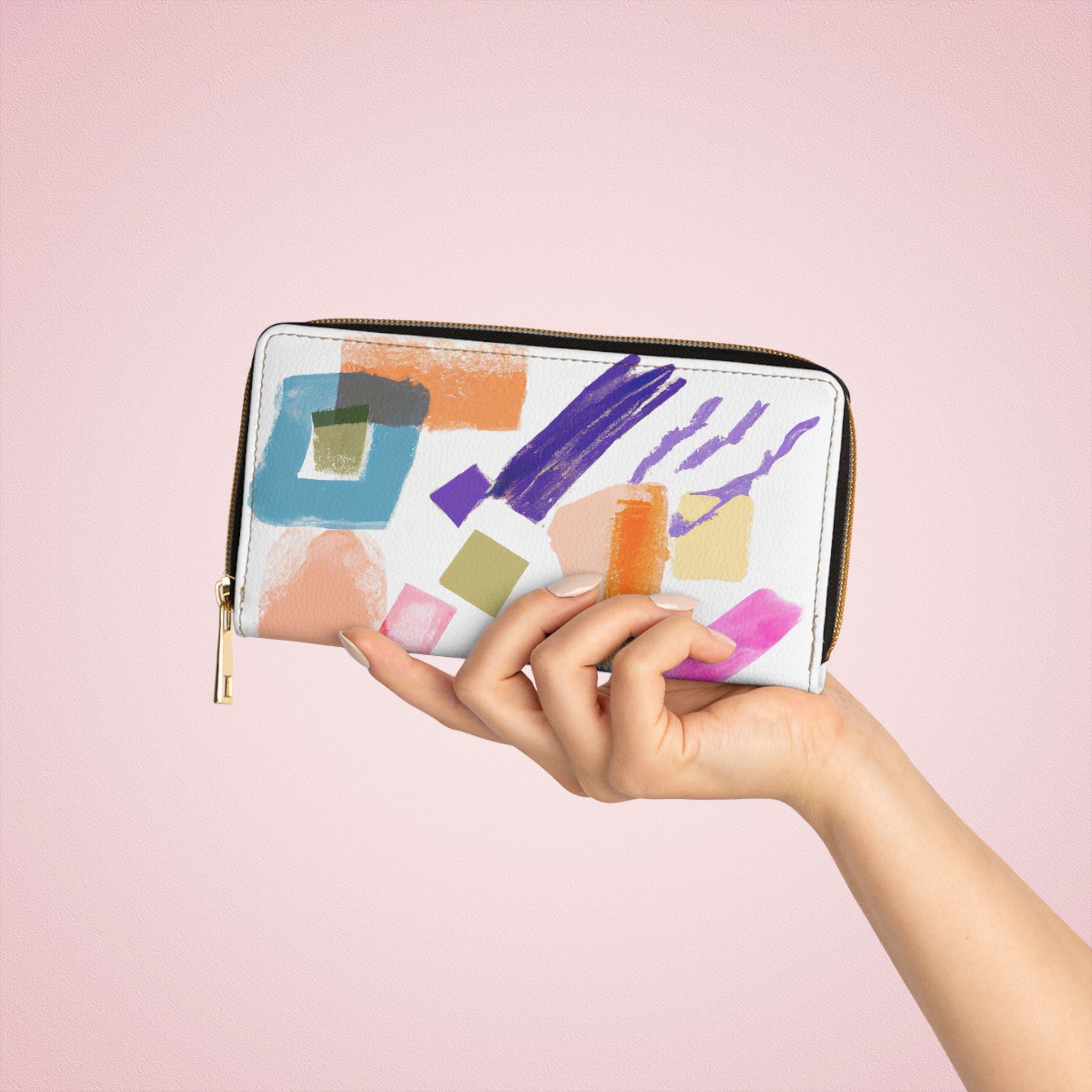 Multicolor pastel geometric brush stroke pattern women's zipper wallet showcasing vibrant colors and stylish design.