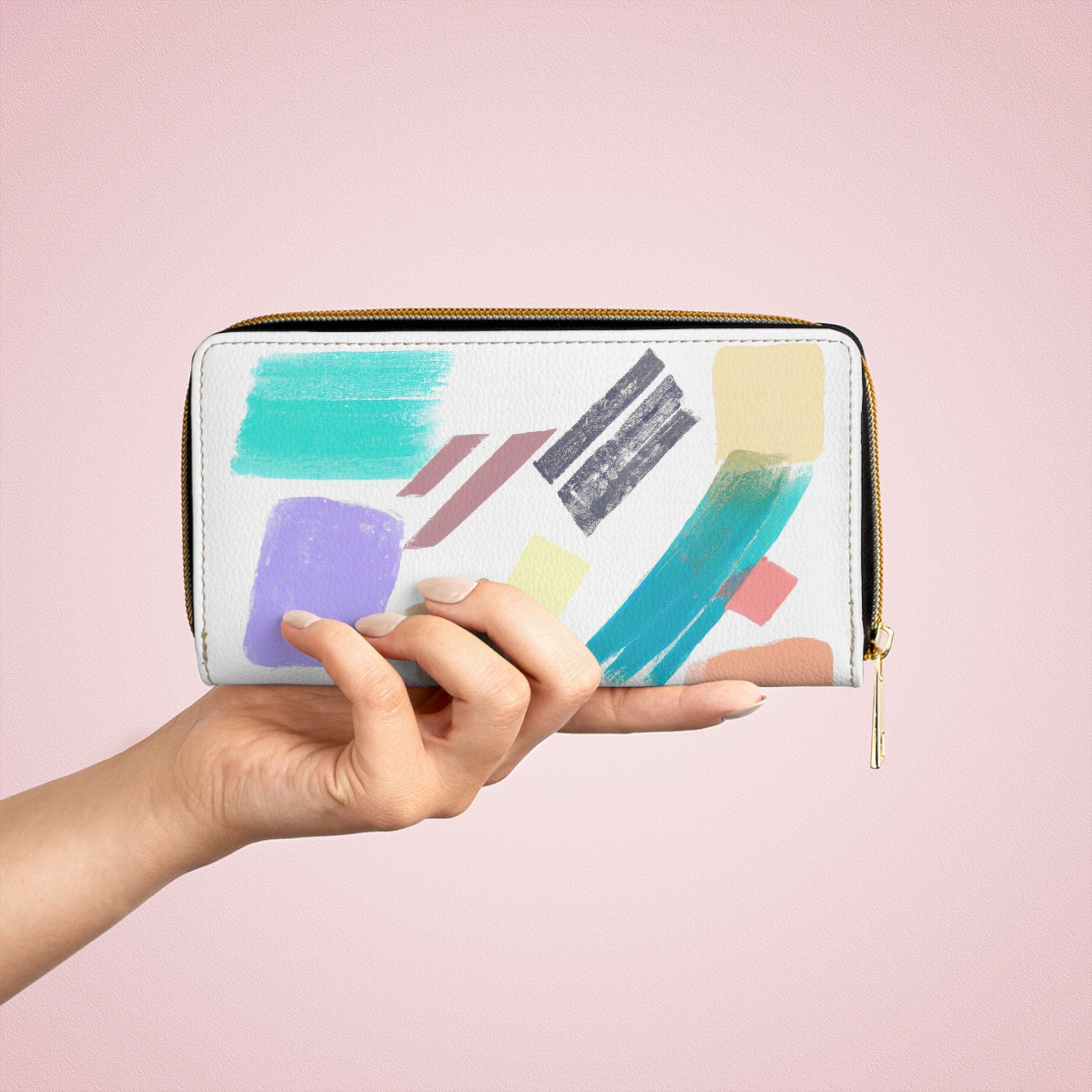 Multicolor pastel geometric brush stroke pattern women's zipper wallet showcasing vibrant colors and stylish design.