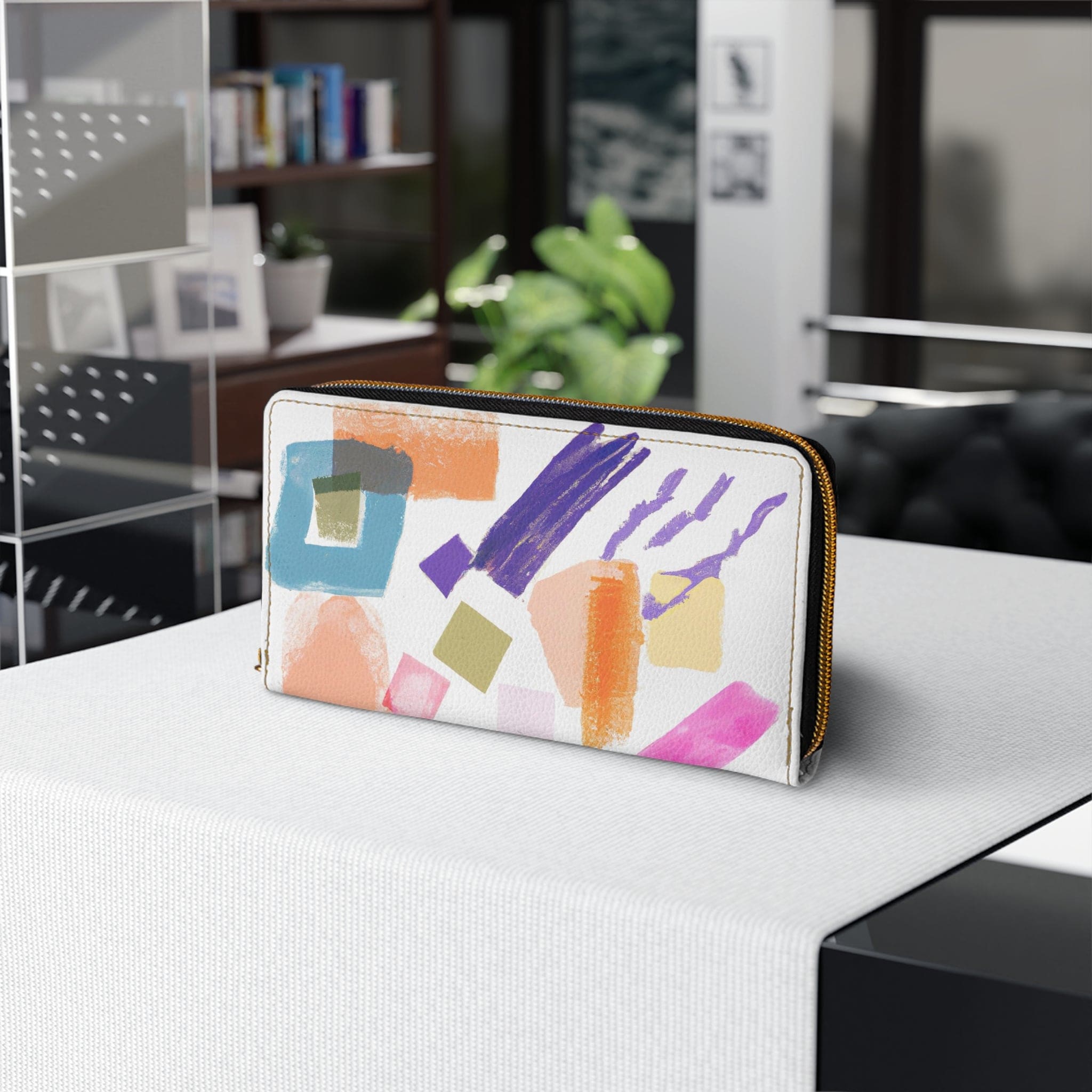 Multicolor pastel geometric brush stroke pattern women's zipper wallet showcasing vibrant colors and stylish design.