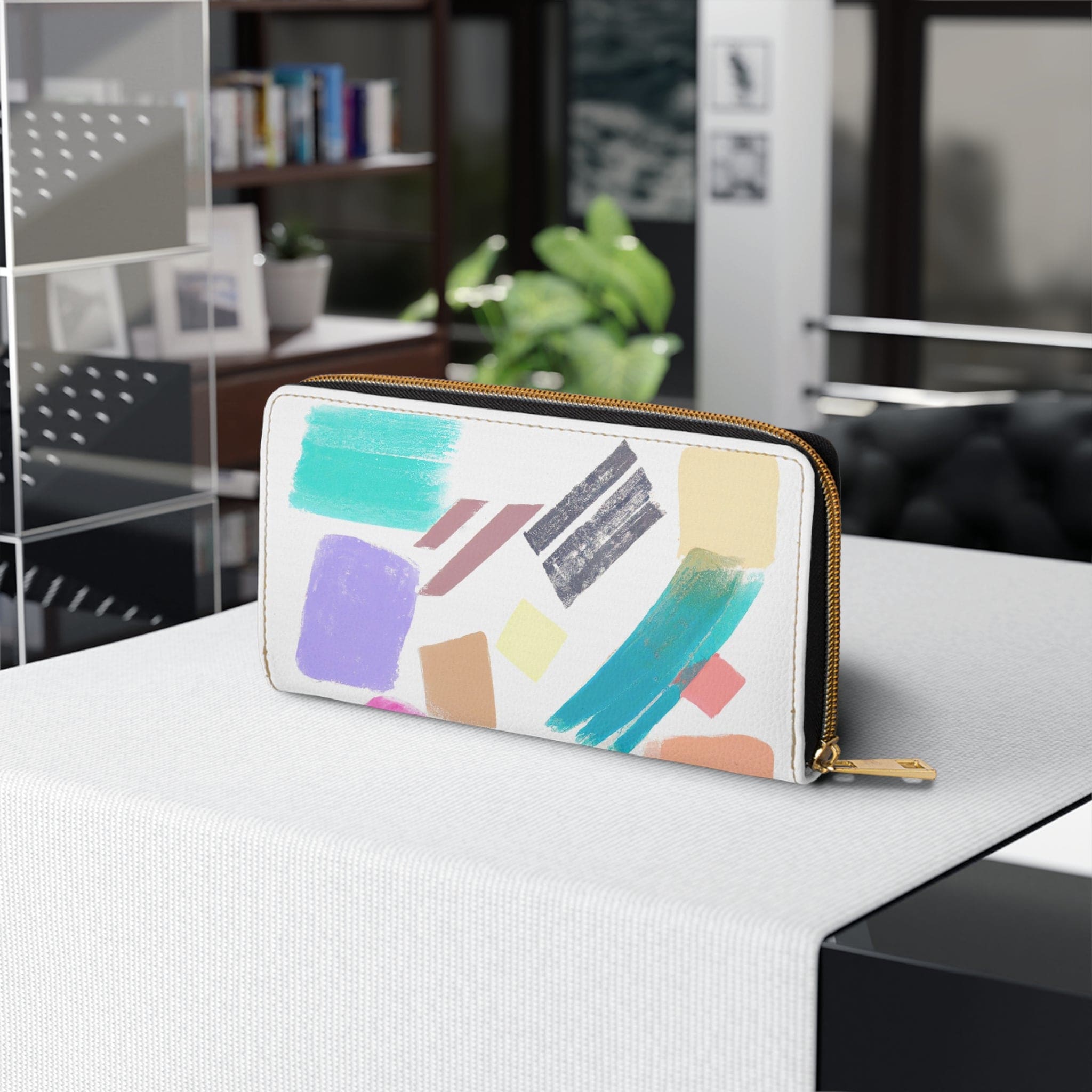 Multicolor pastel geometric brush stroke pattern women's zipper wallet showcasing vibrant colors and stylish design.