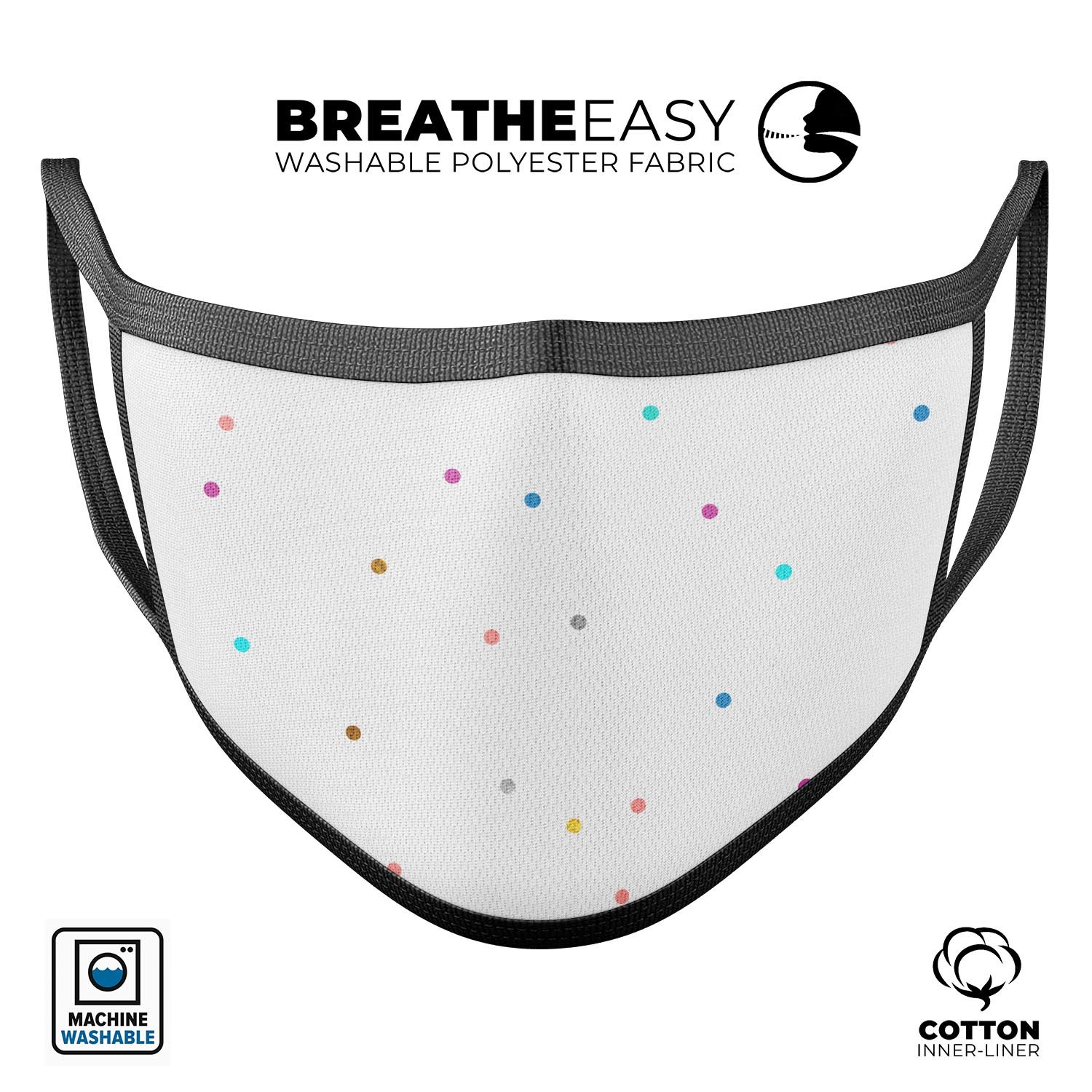 Multicolor Polka Dot Over White reusable mouth cover, featuring adjustable ear loops and soft cotton interior, made in the USA.