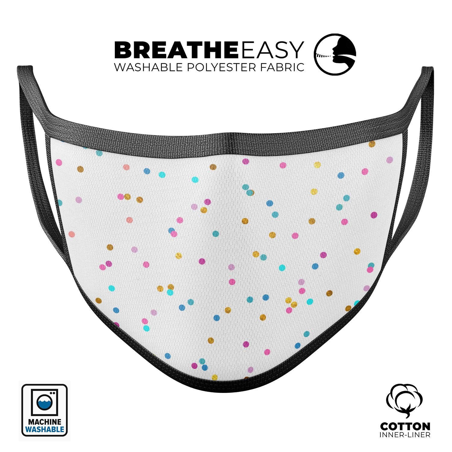 Multicolor scattered dots face mask made in the USA, featuring adjustable ear loops and a comfortable cotton interior.