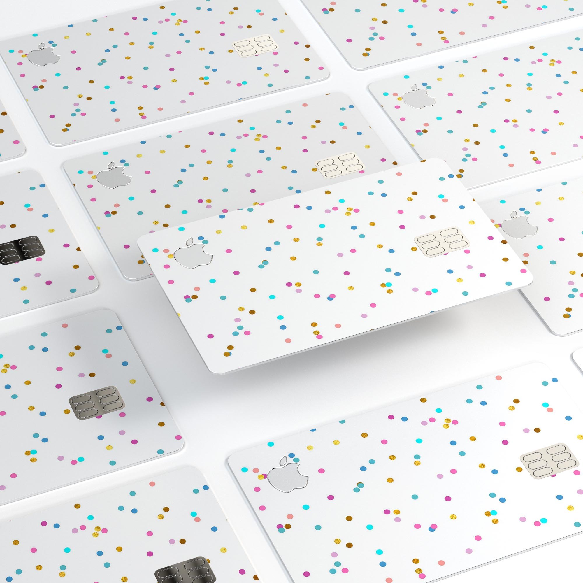 Multicolor Scattered Dots Decal Skin-Kit for Apple Card, showcasing vibrant colors and protective design.