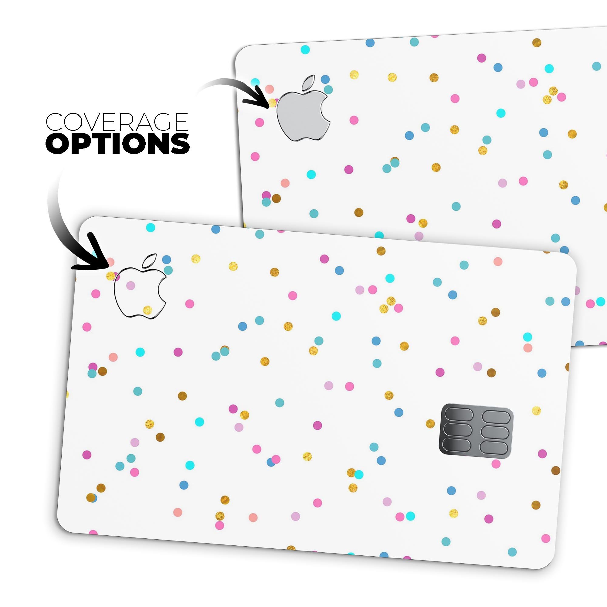 Multicolor Scattered Dots Decal Skin-Kit for Apple Card, showcasing vibrant colors and protective design.