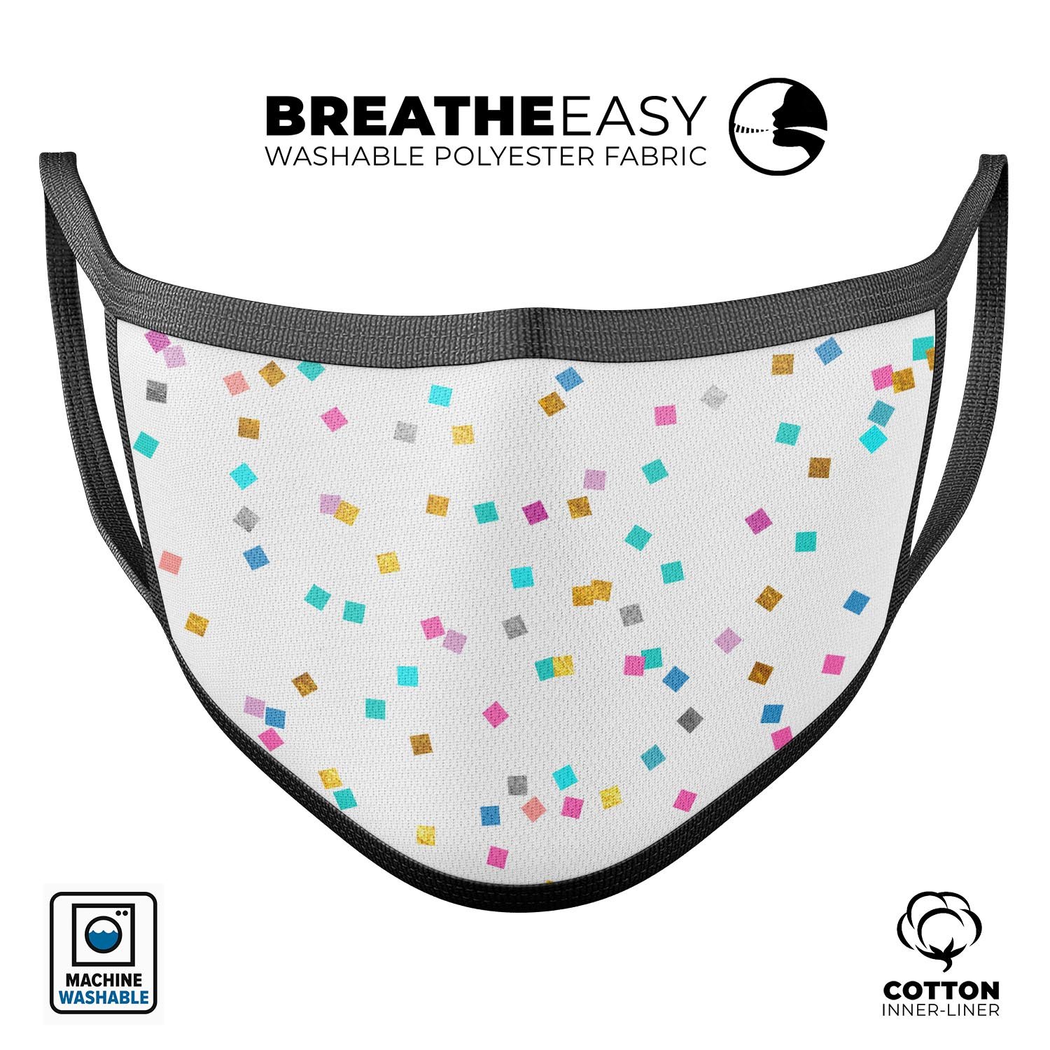 Multicolor scattered micro blocks face mask made in the USA, featuring adjustable ear loops and a comfortable cotton interior.