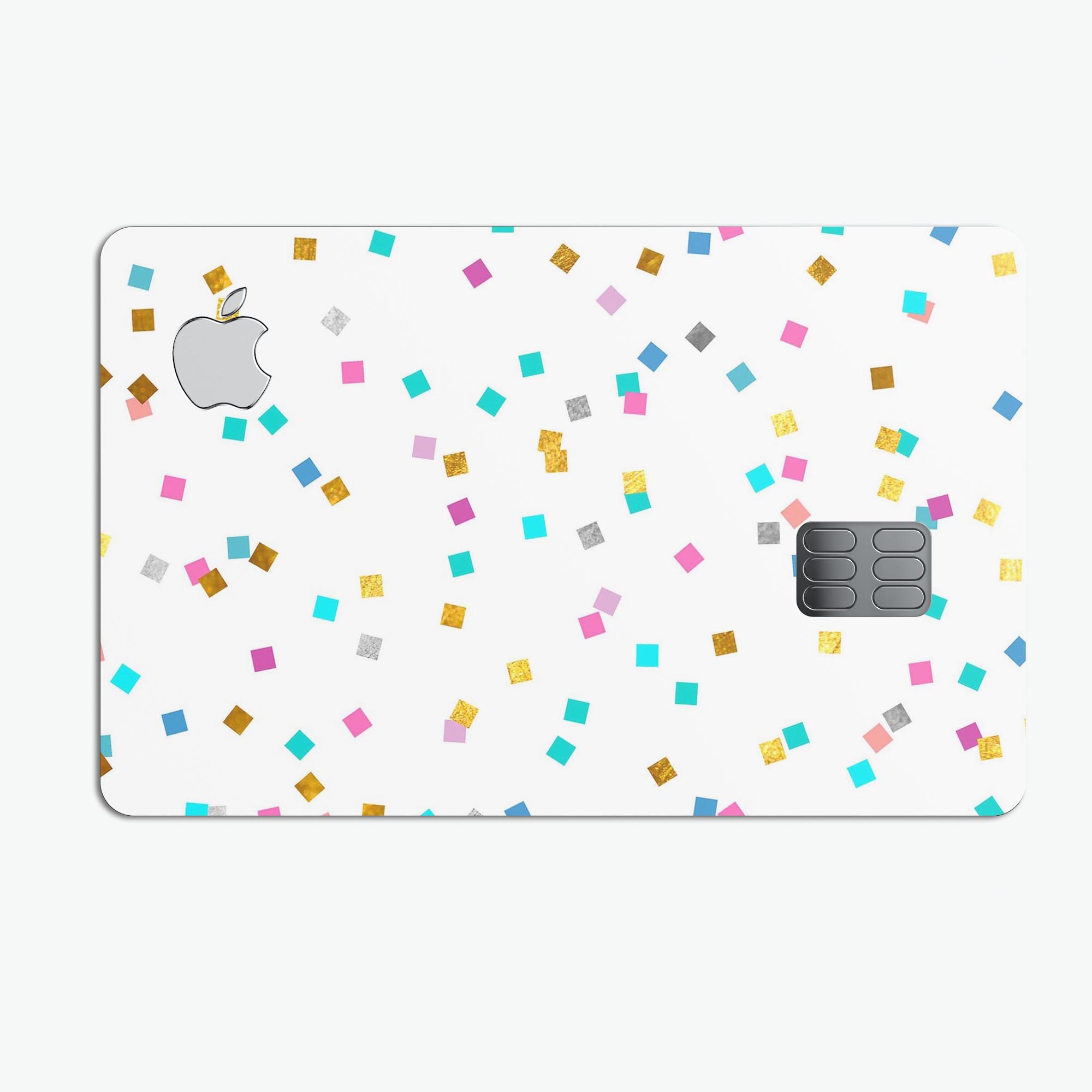 Multicolor Scattered Micro Blocks skin kit for Apple Card, showcasing vibrant design and premium vinyl material.