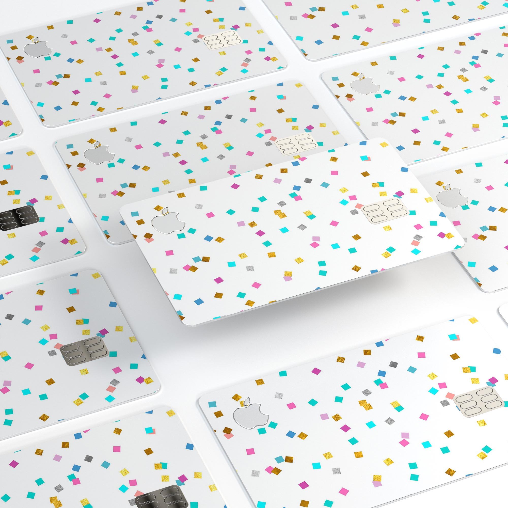 Multicolor Scattered Micro Blocks skin kit for Apple Card, showcasing vibrant design and premium vinyl material.