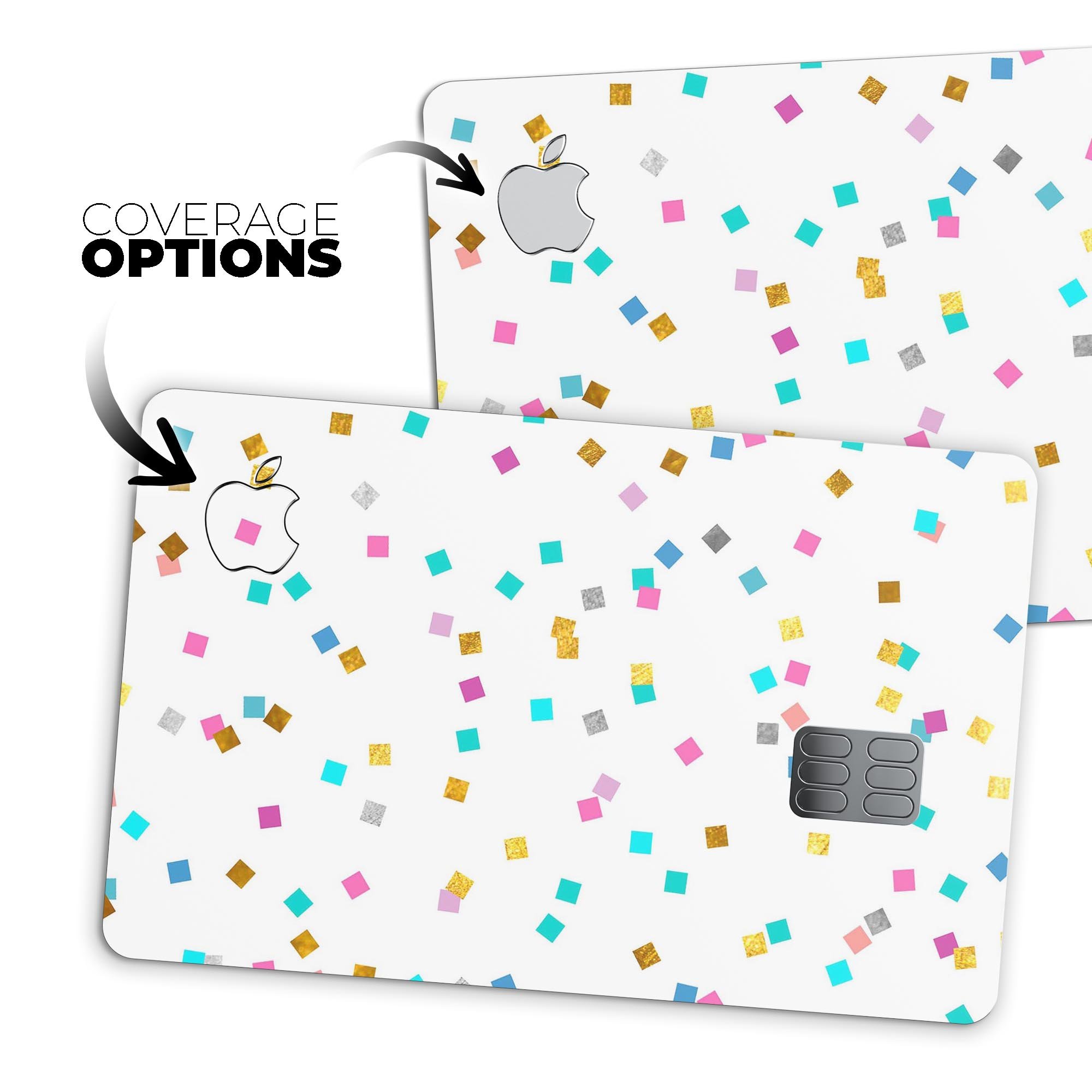 Multicolor Scattered Micro Blocks skin kit for Apple Card, showcasing vibrant design and premium vinyl material.