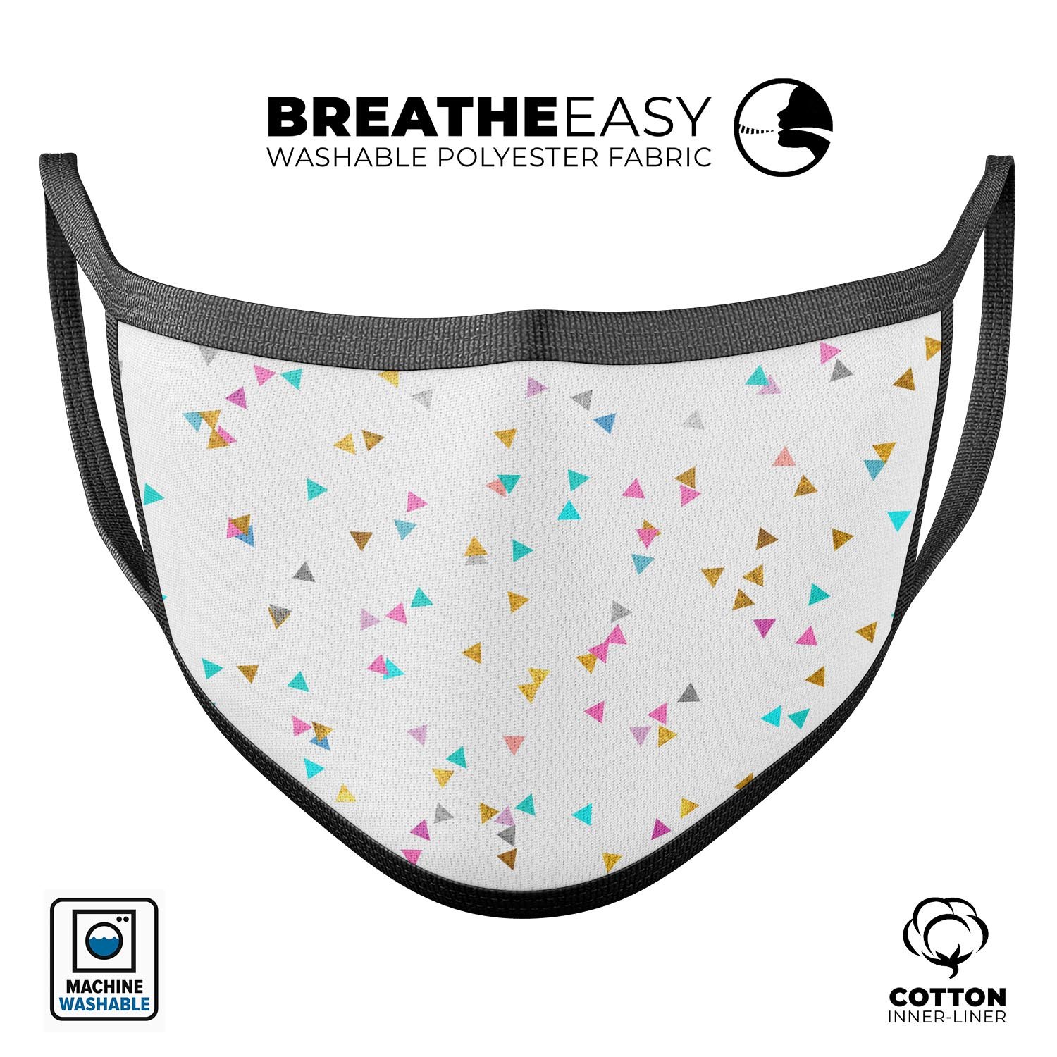 Multicolor Scattered Triangles mouth cover, featuring a 3D design made from soft cotton and memory foam, adjustable ear loops for a perfect fit.