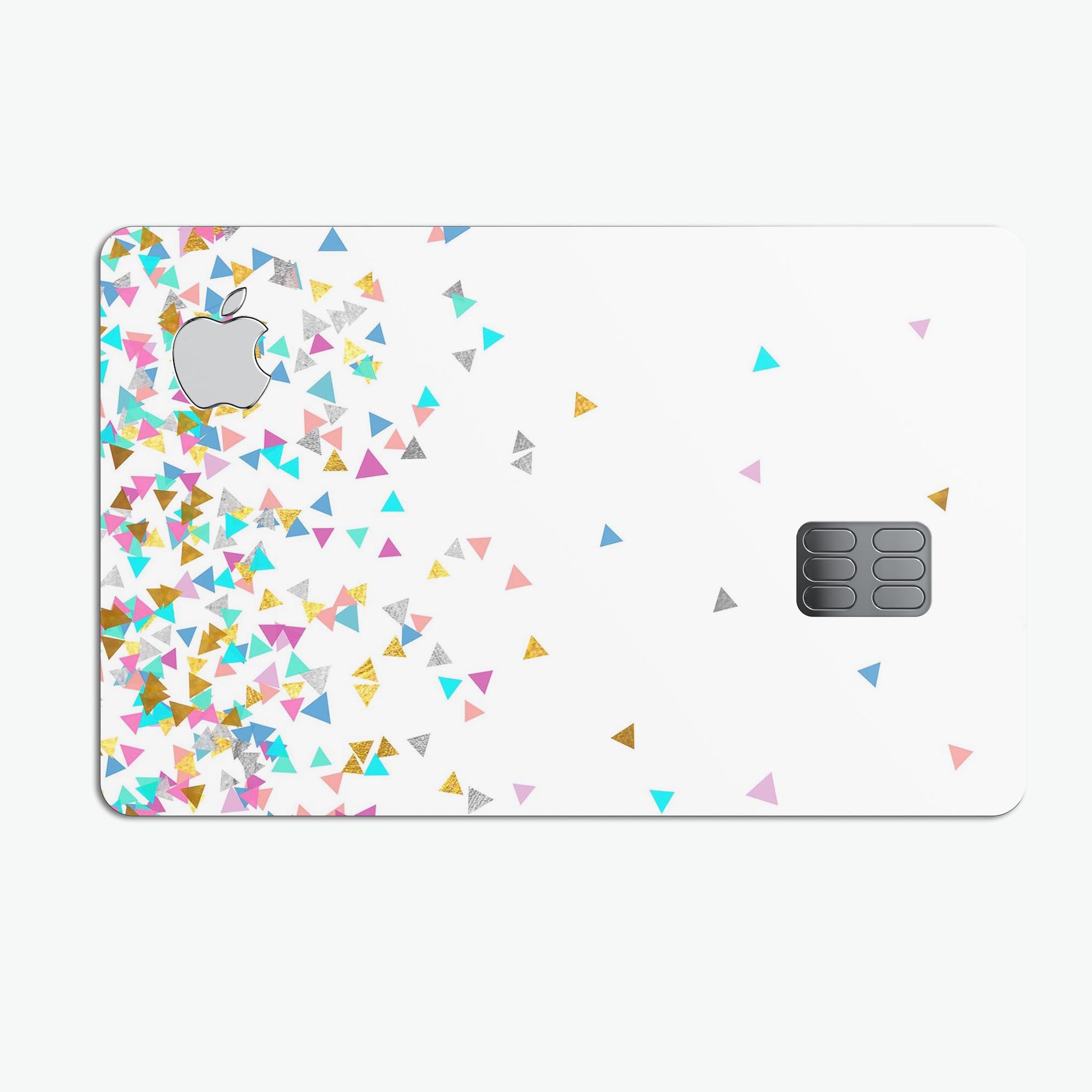 Multicolor triangles decal skin for Apple Card, showcasing vibrant colors and premium vinyl material.