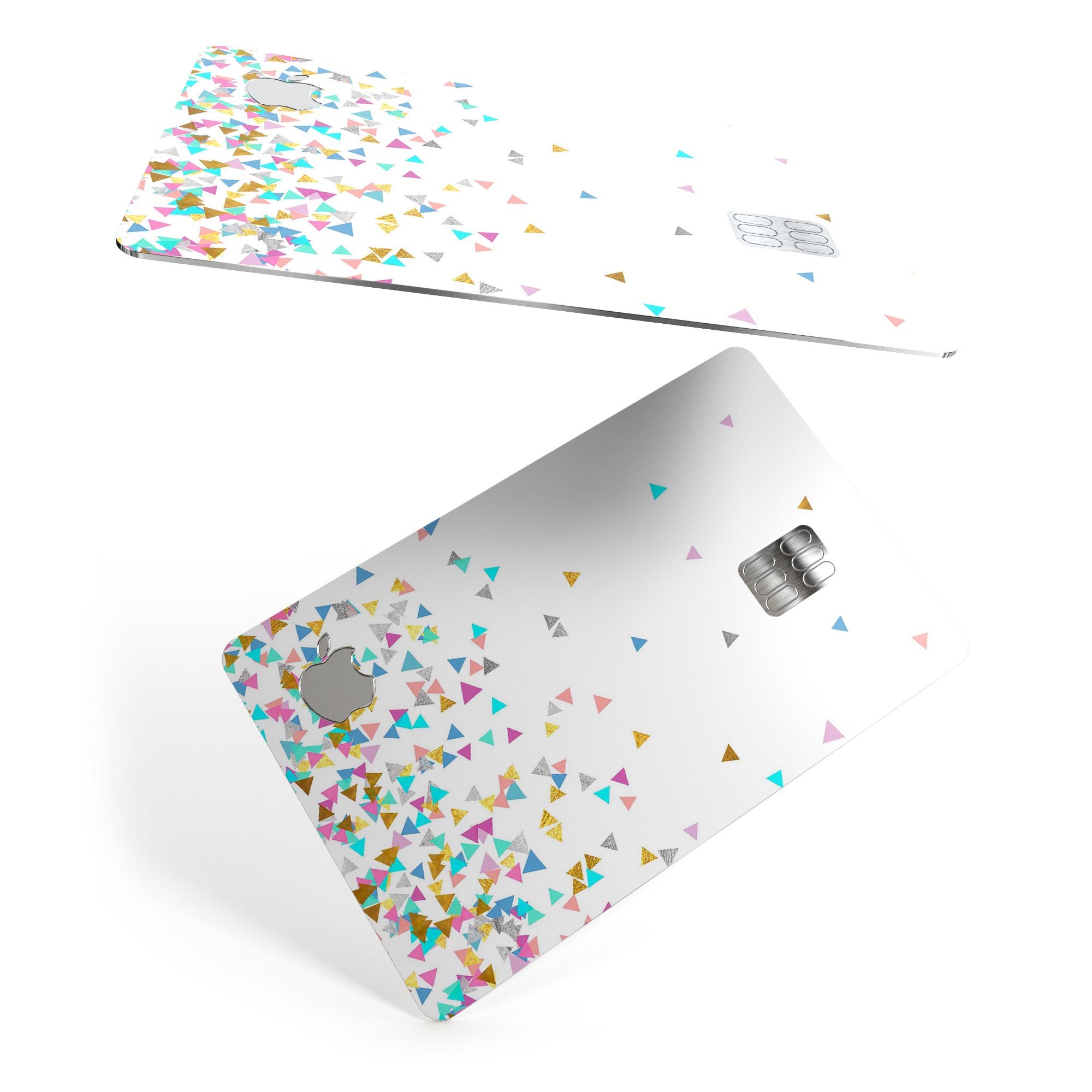 Multicolor triangles decal skin for Apple Card, showcasing vibrant colors and premium vinyl material.