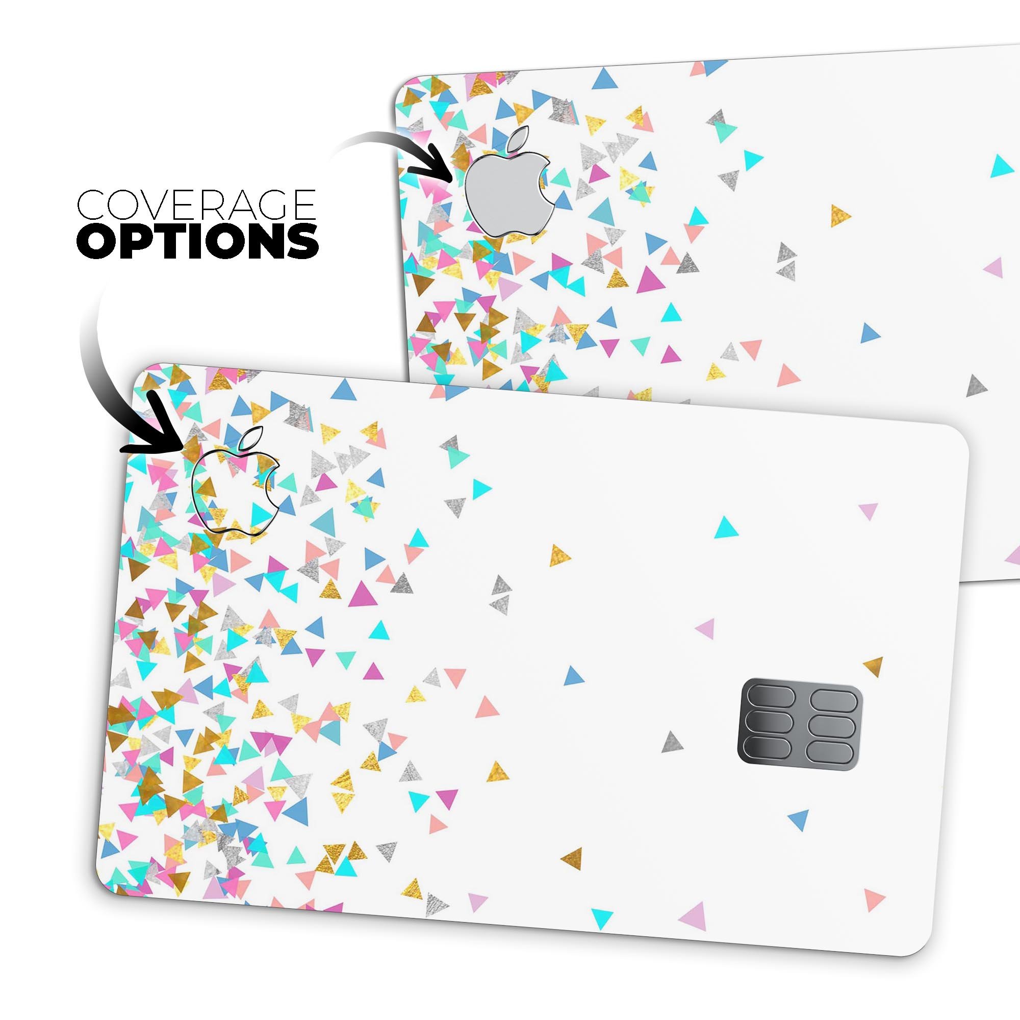 Multicolor triangles decal skin for Apple Card, showcasing vibrant colors and premium vinyl material.