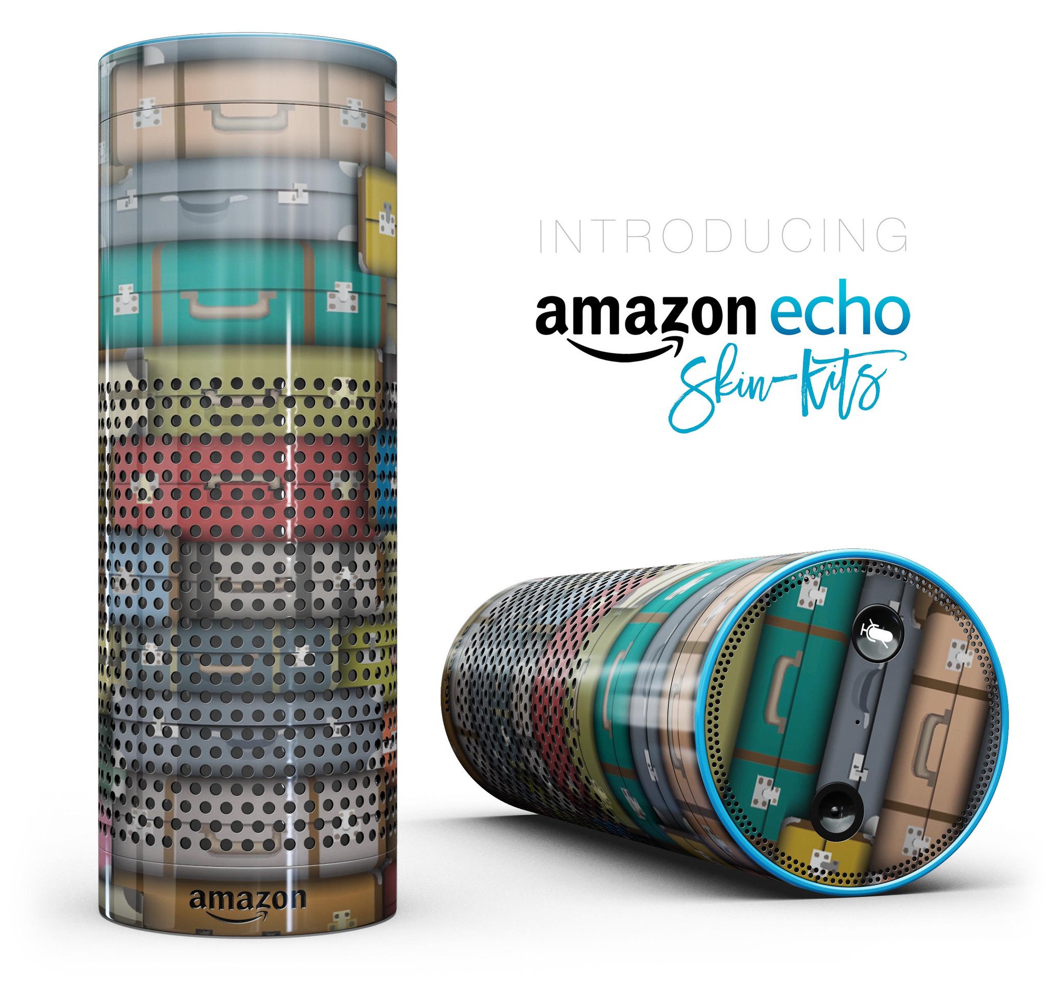 Multicolored Traveling Suitcases skin-kit for Amazon Echo, showcasing vibrant designs and precise cut for full-body protection.