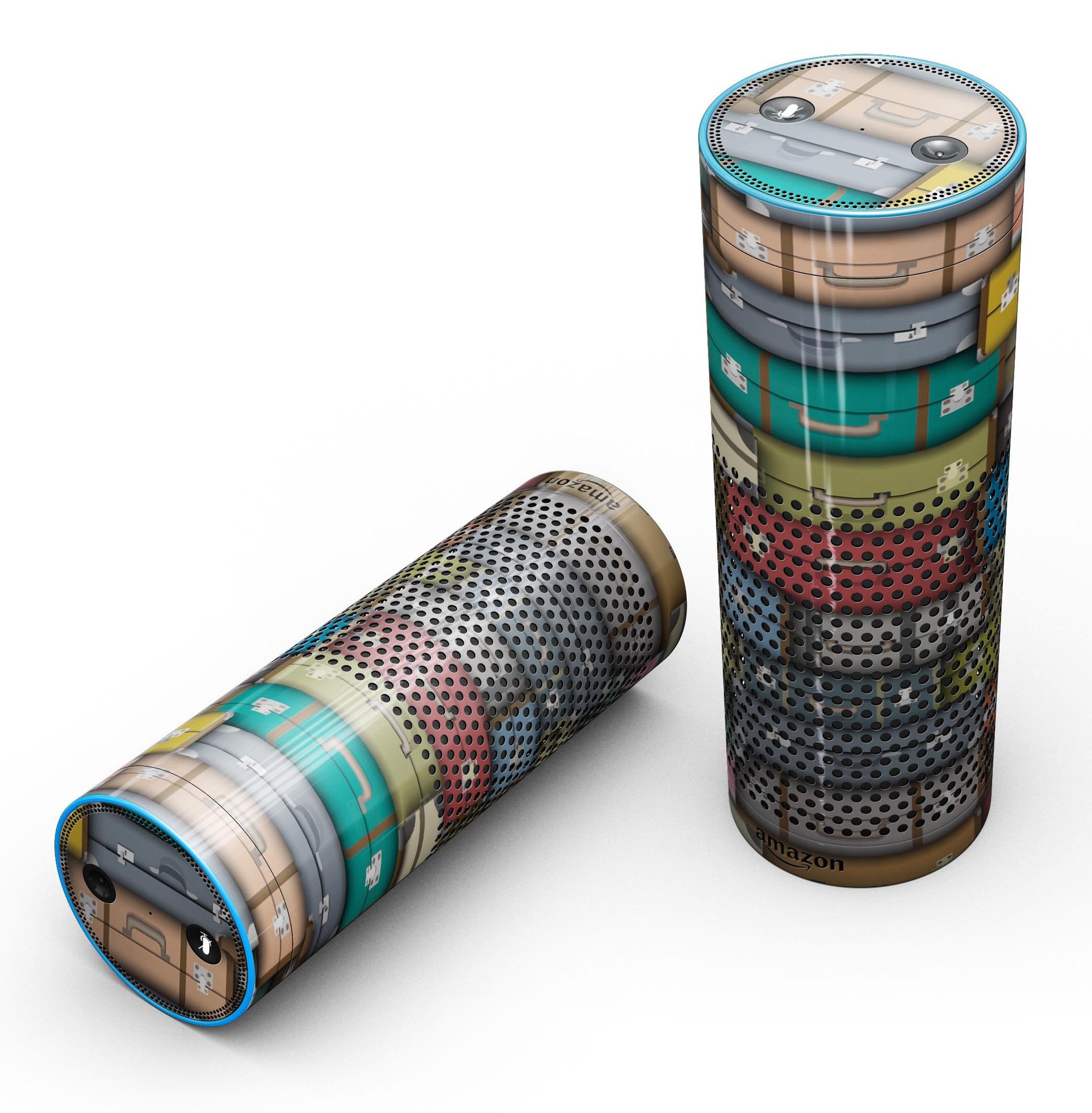 Multicolored Traveling Suitcases skin-kit for Amazon Echo, showcasing vibrant designs and precise cut for full-body protection.