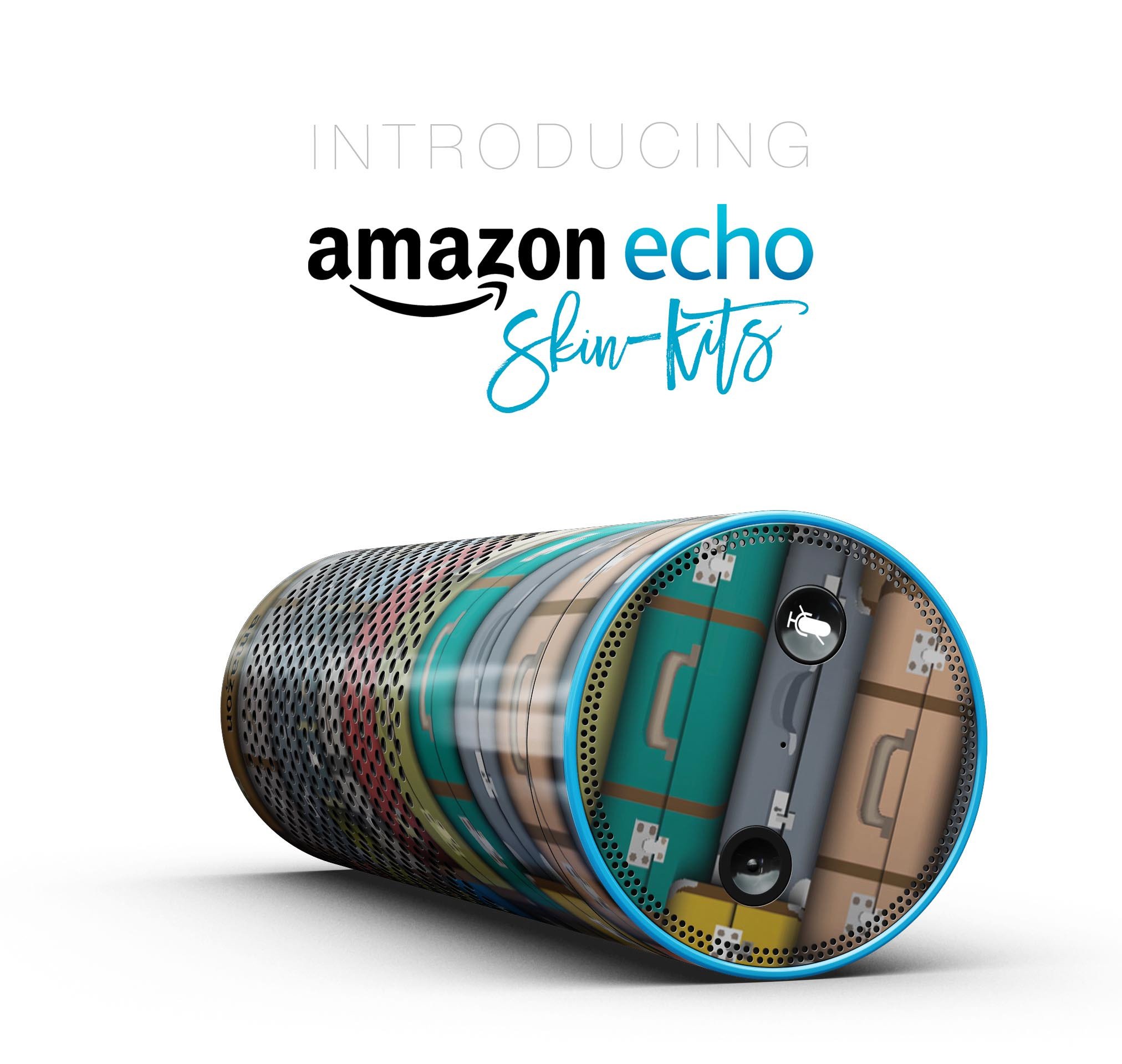 Multicolored Traveling Suitcases skin-kit for Amazon Echo, showcasing vibrant designs and precise cut for full-body protection.