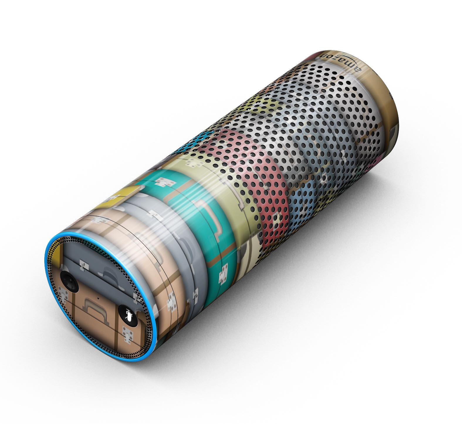 Multicolored Traveling Suitcases skin-kit for Amazon Echo, showcasing vibrant designs and precise cut for full-body protection.