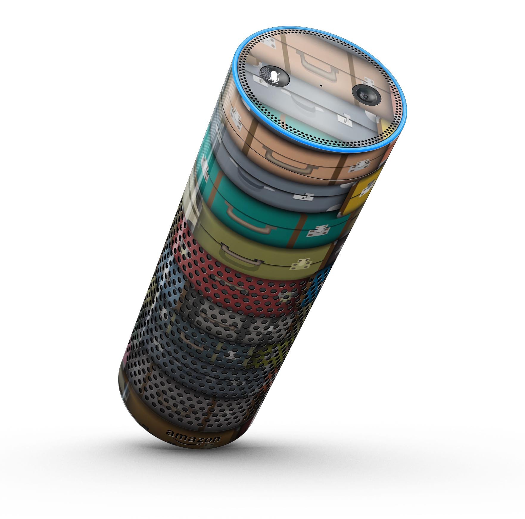 Multicolored Traveling Suitcases skin-kit for Amazon Echo, showcasing vibrant designs and precise cut for full-body protection.