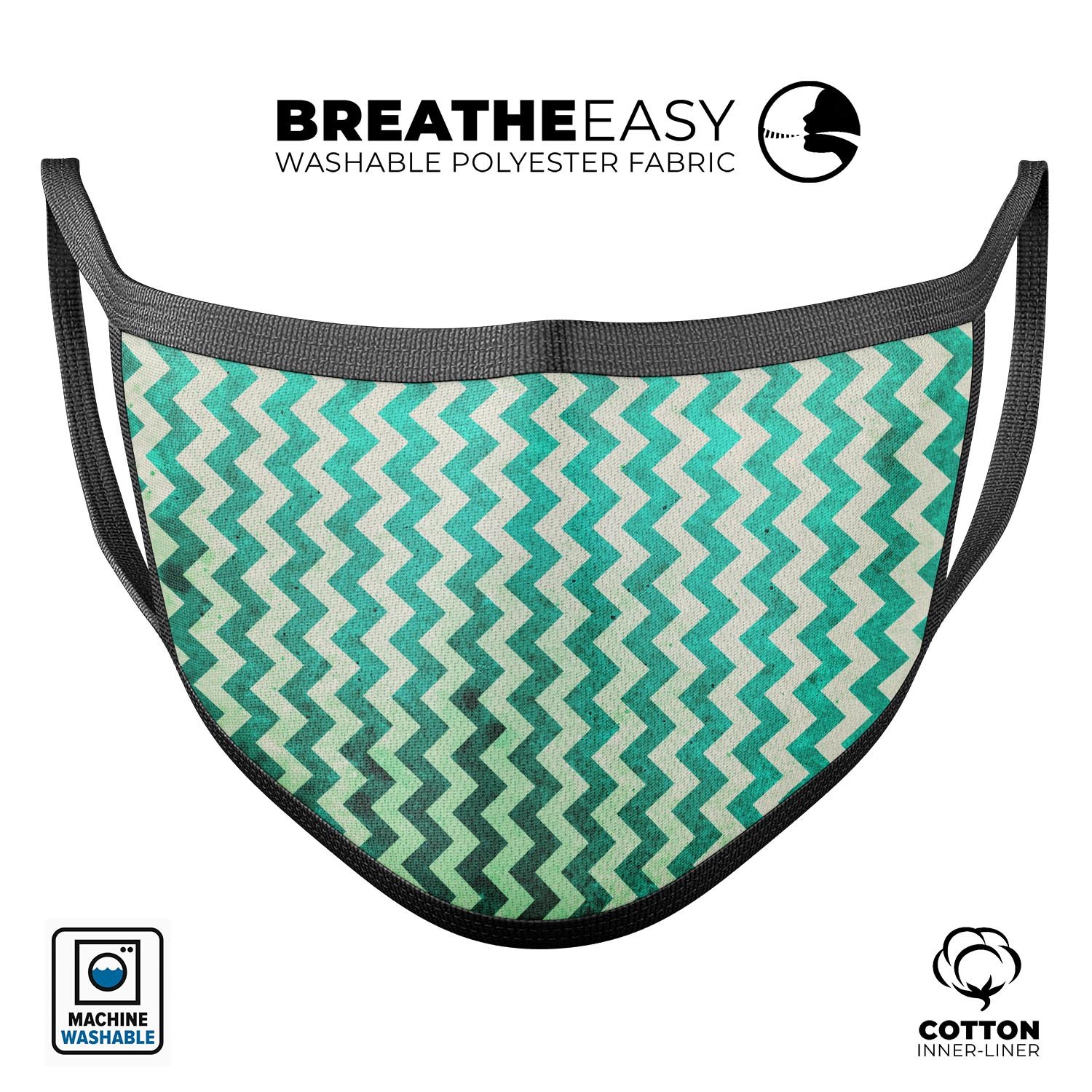 Multi-shades of green chevron pattern reusable face mask, made in the USA, featuring adjustable ear loops and soft cotton interior.