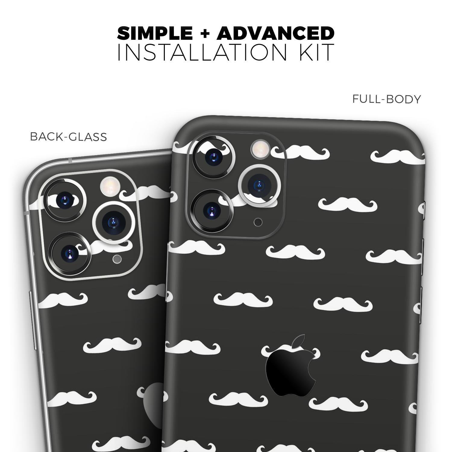 Mustache Galore Skin-Kit for Apple iPhone 14 and 13, showcasing vibrant design and premium vinyl material.