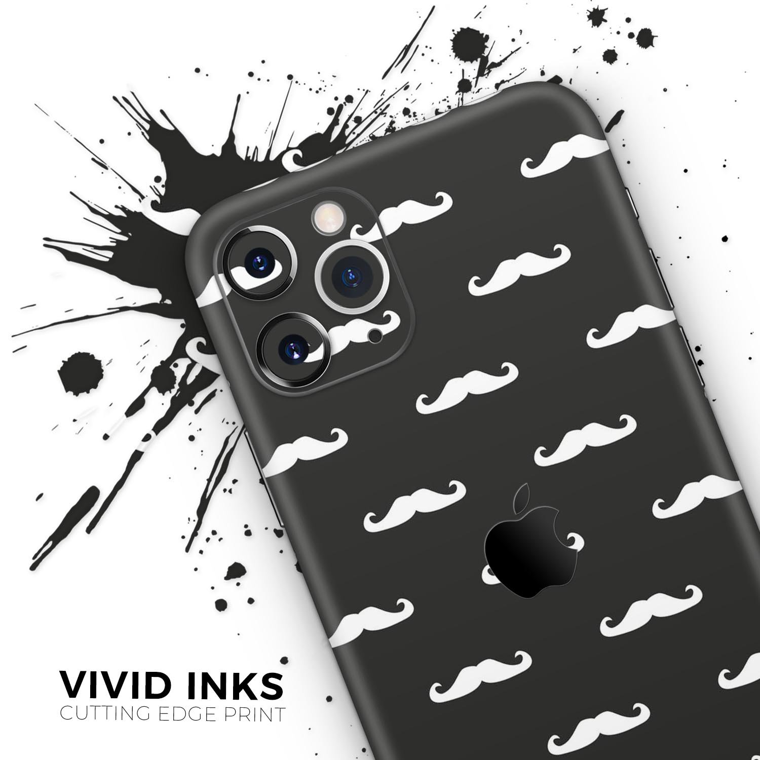 Mustache Galore Skin-Kit for Apple iPhone 14 and 13, showcasing vibrant design and premium vinyl material.