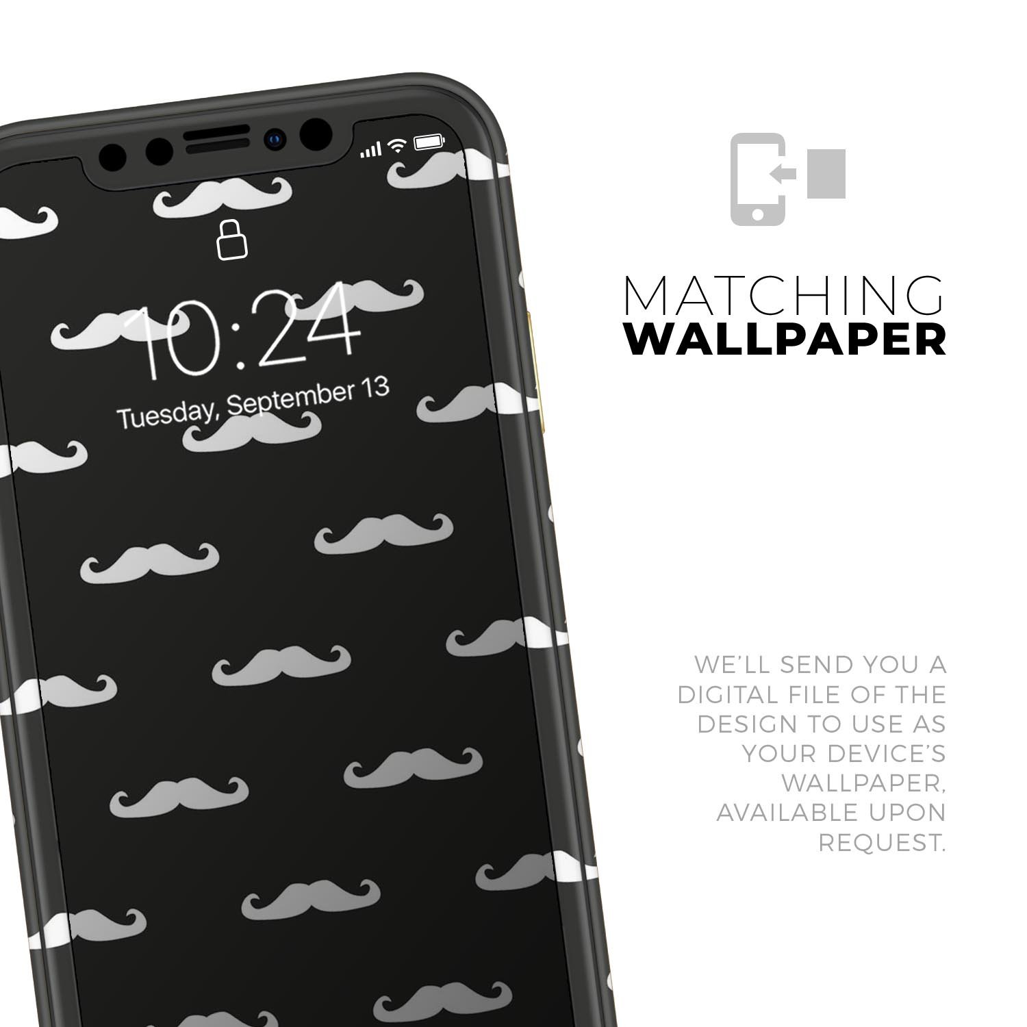 Mustache Galore Skin-Kit for Apple iPhone 14 and 13, showcasing vibrant design and premium vinyl material.