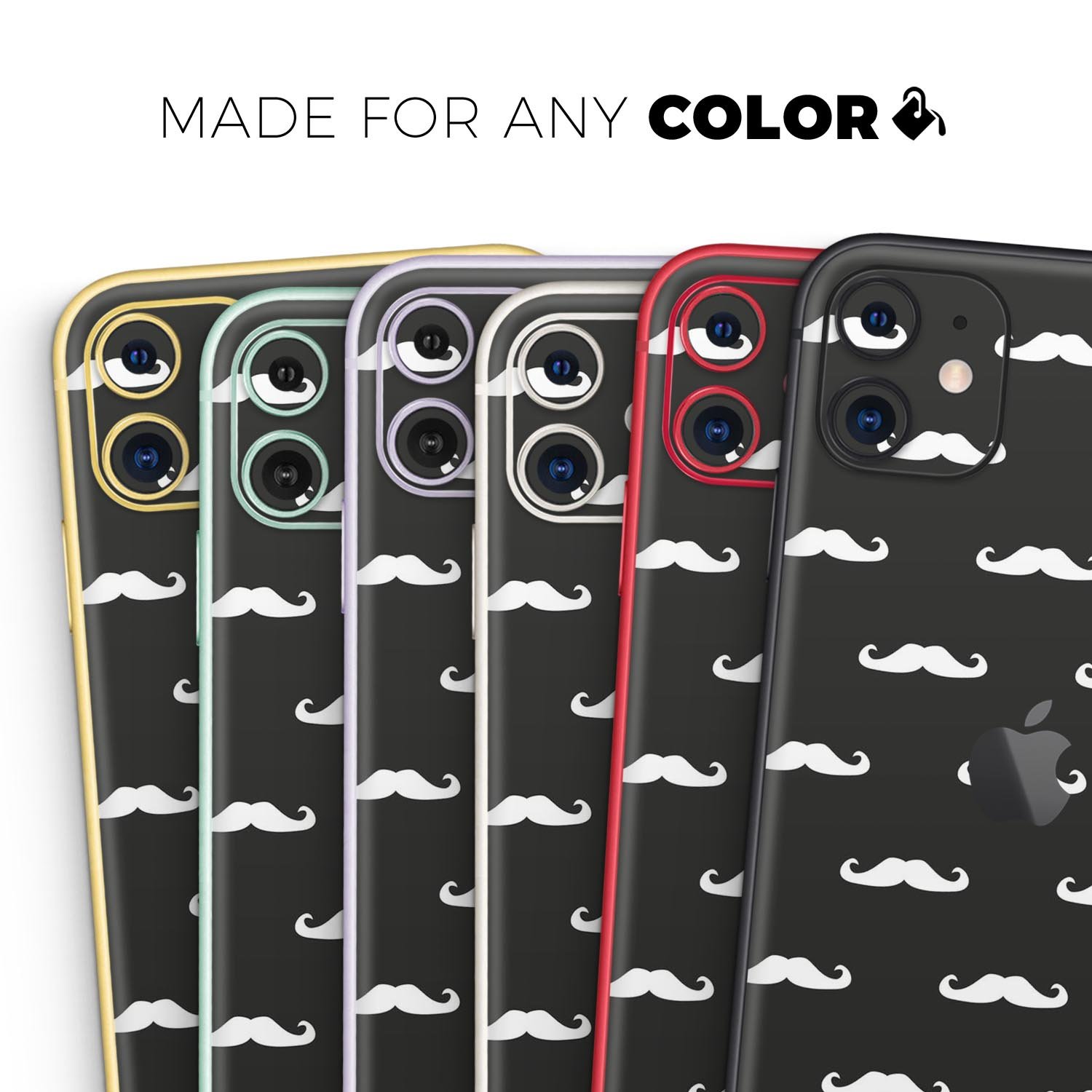 Mustache Galore Skin-Kit for Apple iPhone 14 and 13, showcasing vibrant design and premium vinyl material.