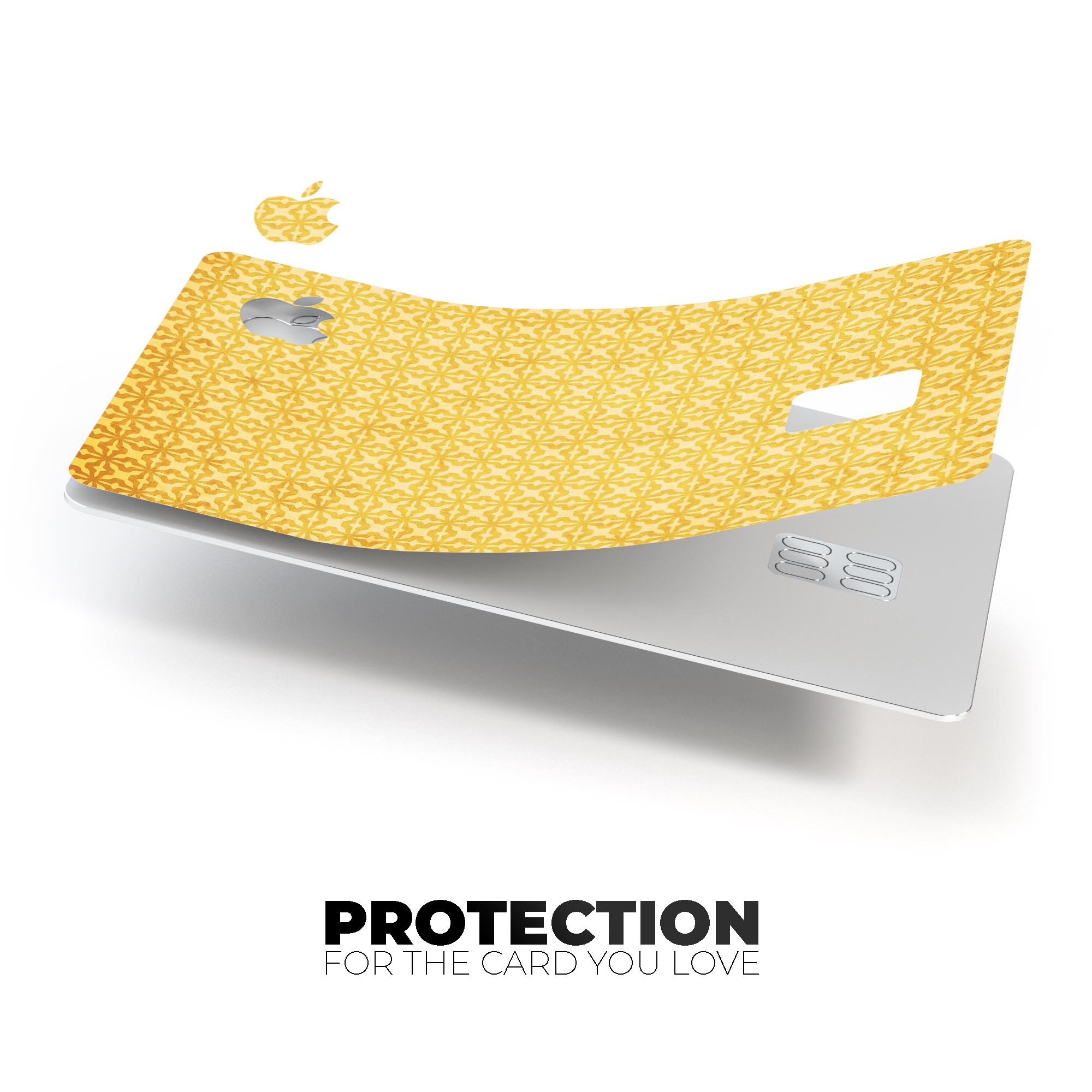 Mustard yellow decal skin with cross pattern designed for Apple Card, showcasing its vibrant color and protective features.