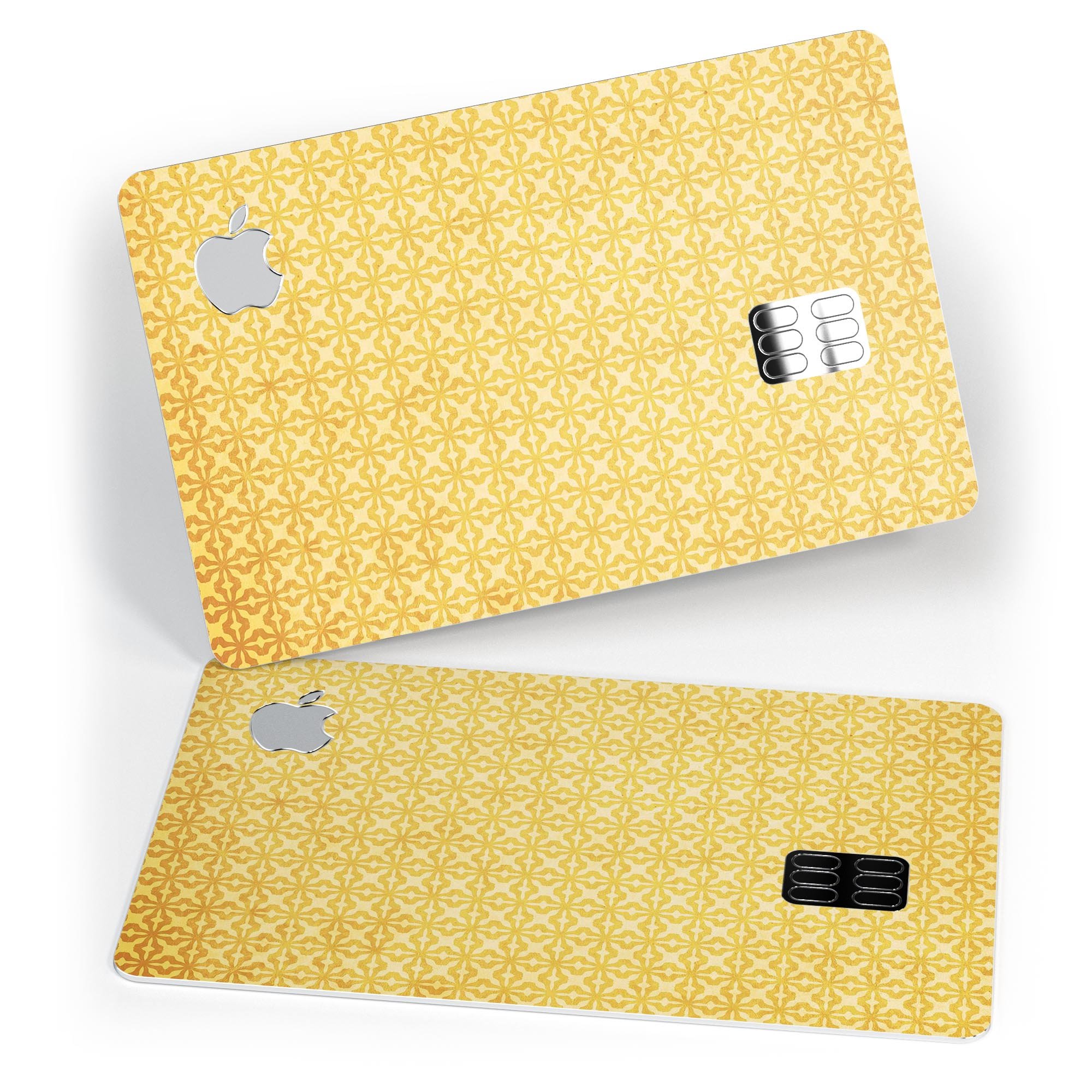 Mustard yellow decal skin with cross pattern designed for Apple Card, showcasing its vibrant color and protective features.