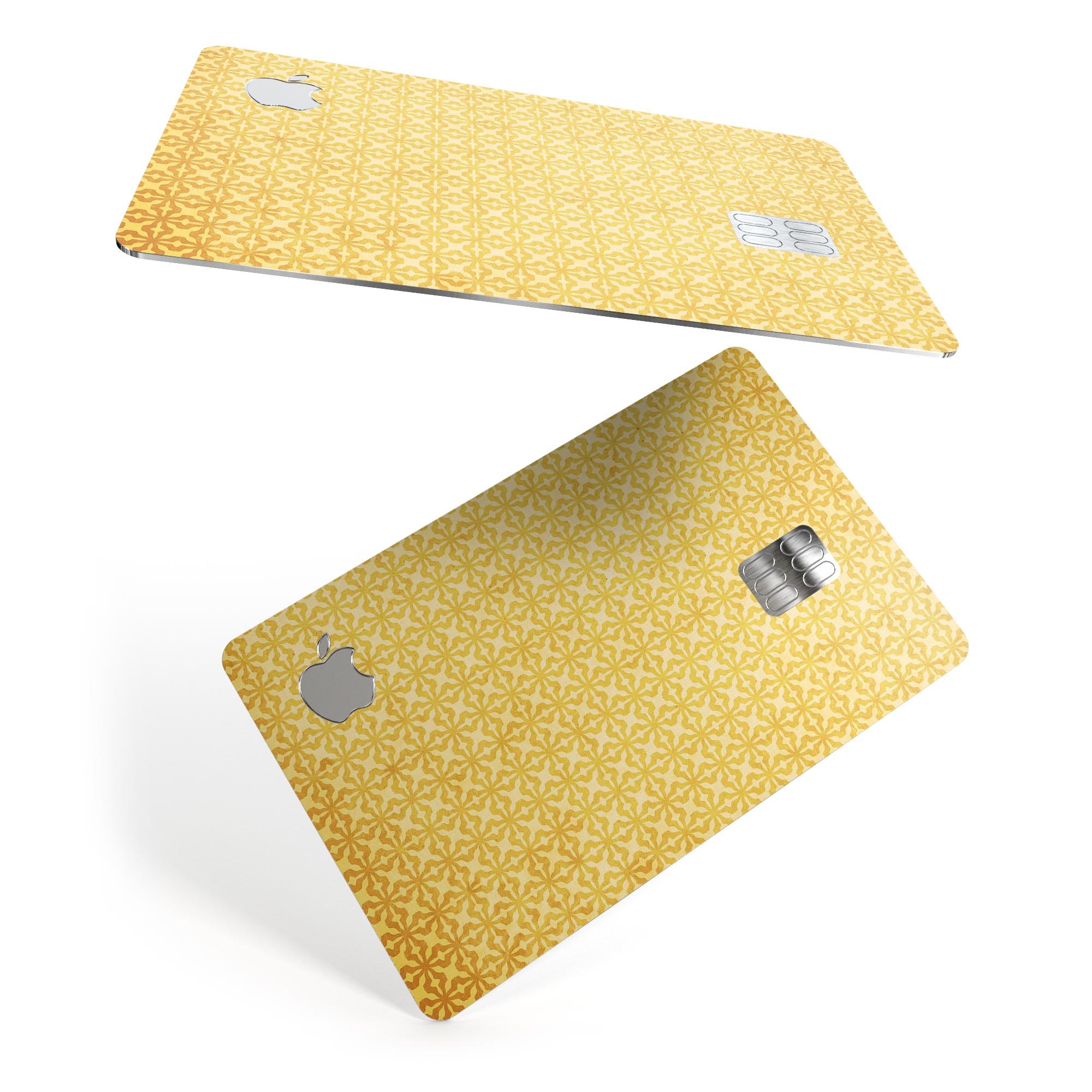 Mustard yellow decal skin with cross pattern designed for Apple Card, showcasing its vibrant color and protective features.