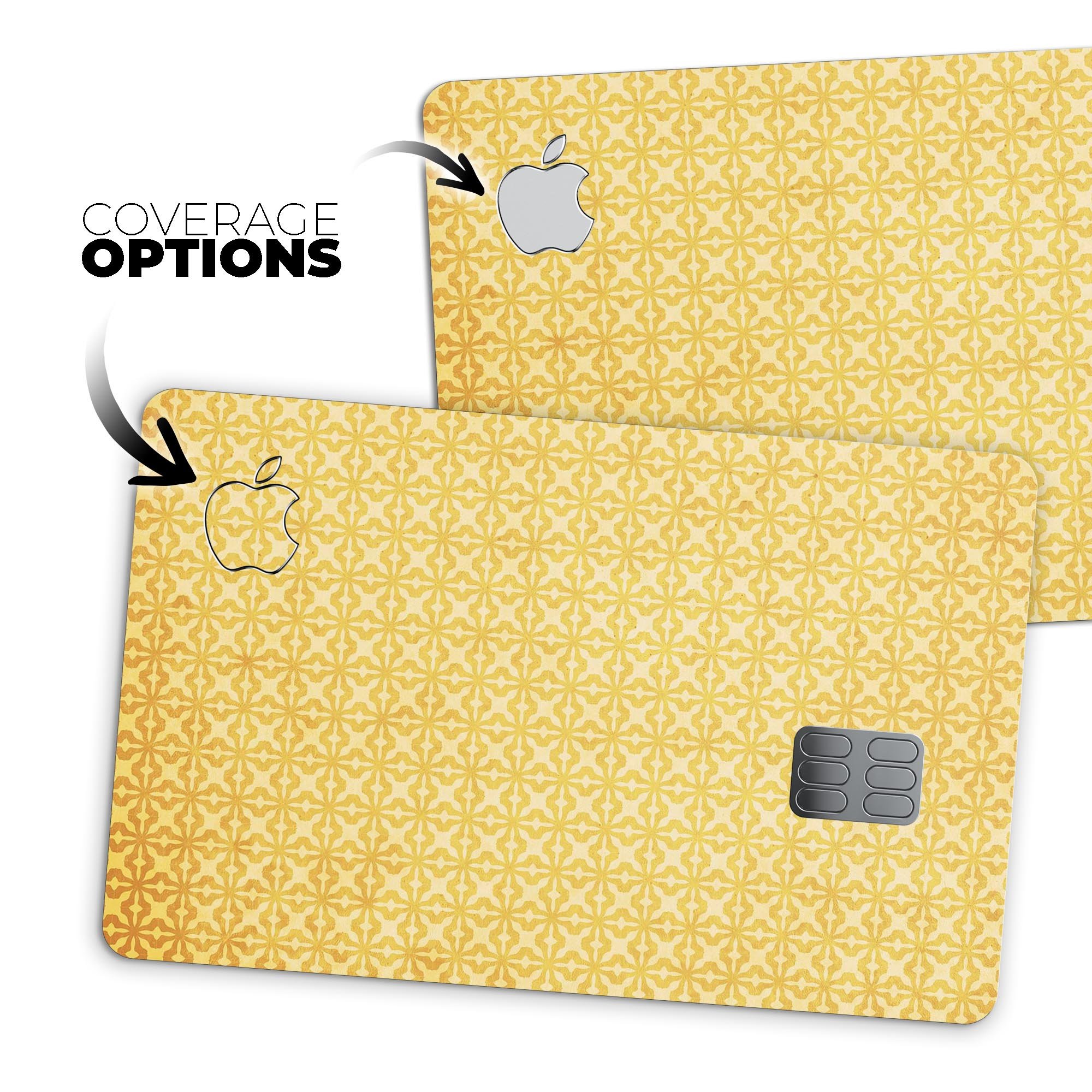 Mustard yellow decal skin with cross pattern designed for Apple Card, showcasing its vibrant color and protective features.