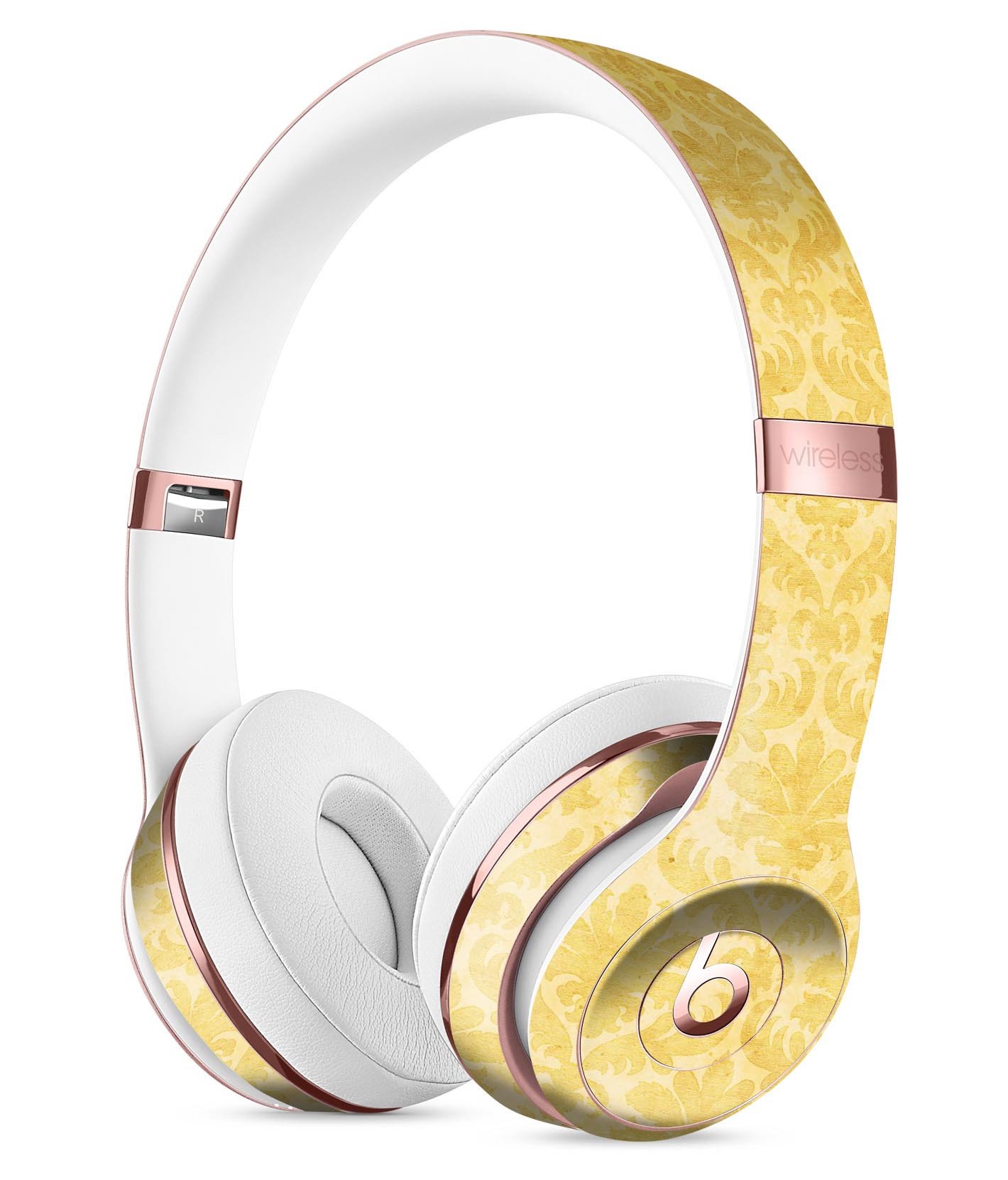 Mustard yellow damask pattern skin kit for Beats by Dre Solo 3 Wireless Headphones, showcasing vibrant design and precise cut.