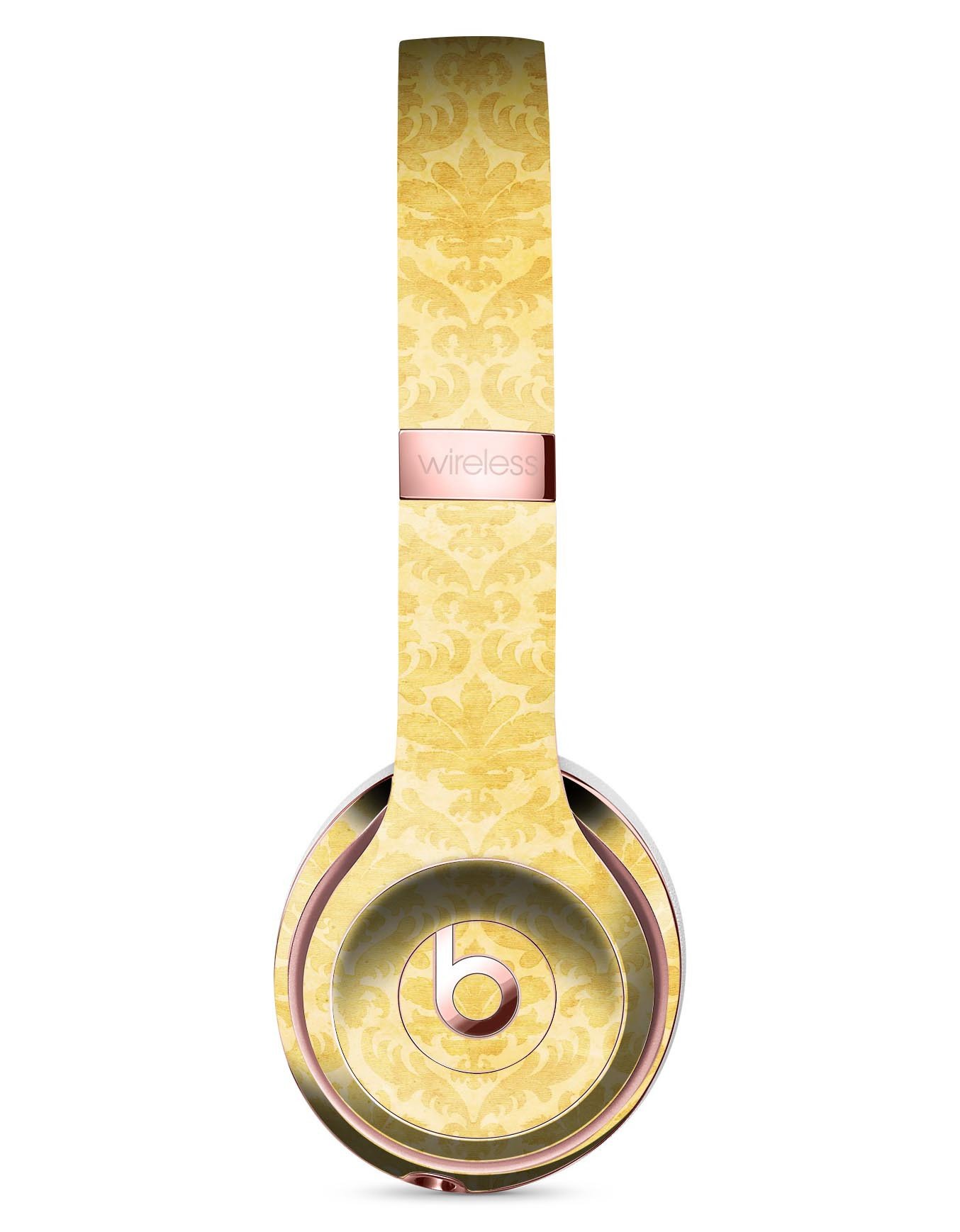 Mustard yellow damask pattern skin kit for Beats by Dre Solo 3 Wireless Headphones, showcasing vibrant design and precise cut.