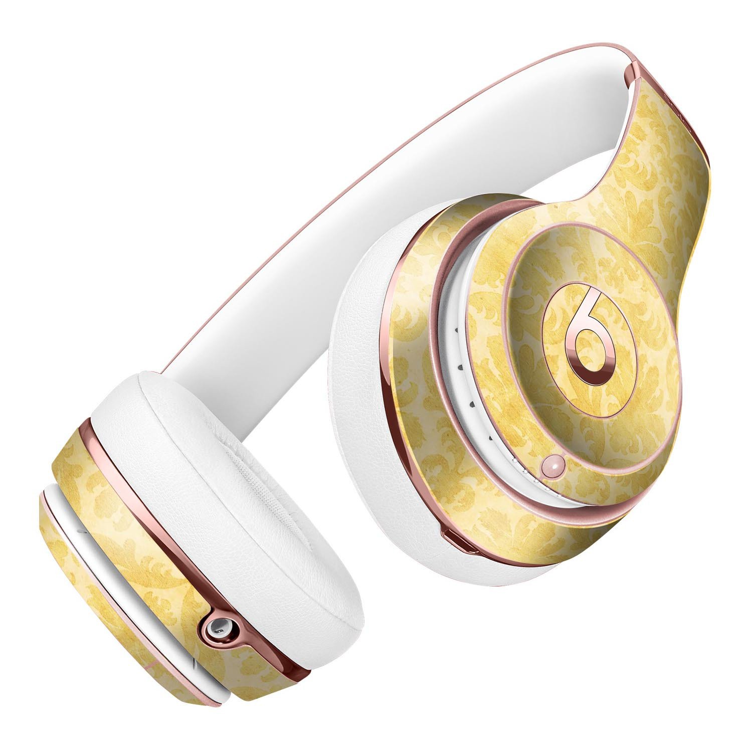 Mustard yellow damask pattern skin kit for Beats by Dre Solo 3 Wireless Headphones, showcasing vibrant design and precise cut.