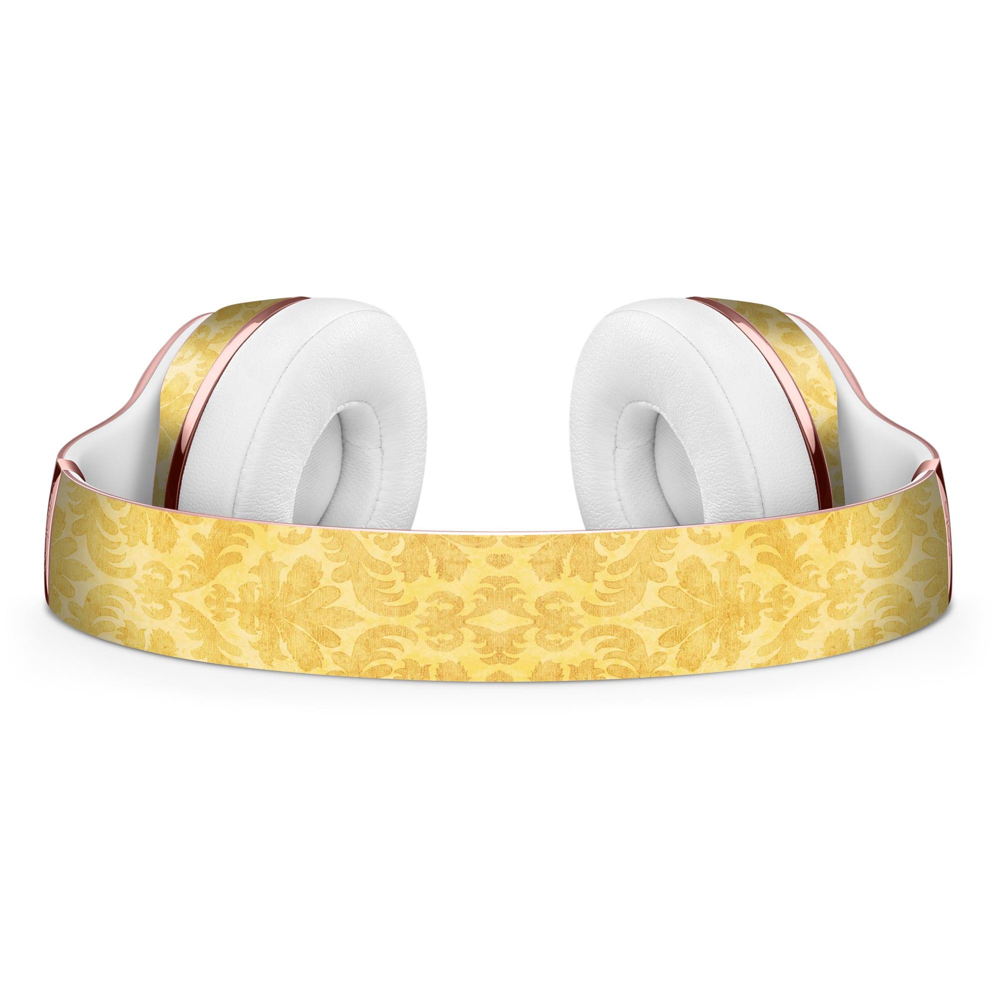 Mustard yellow damask pattern skin kit for Beats by Dre Solo 3 Wireless Headphones, showcasing vibrant design and precise cut.