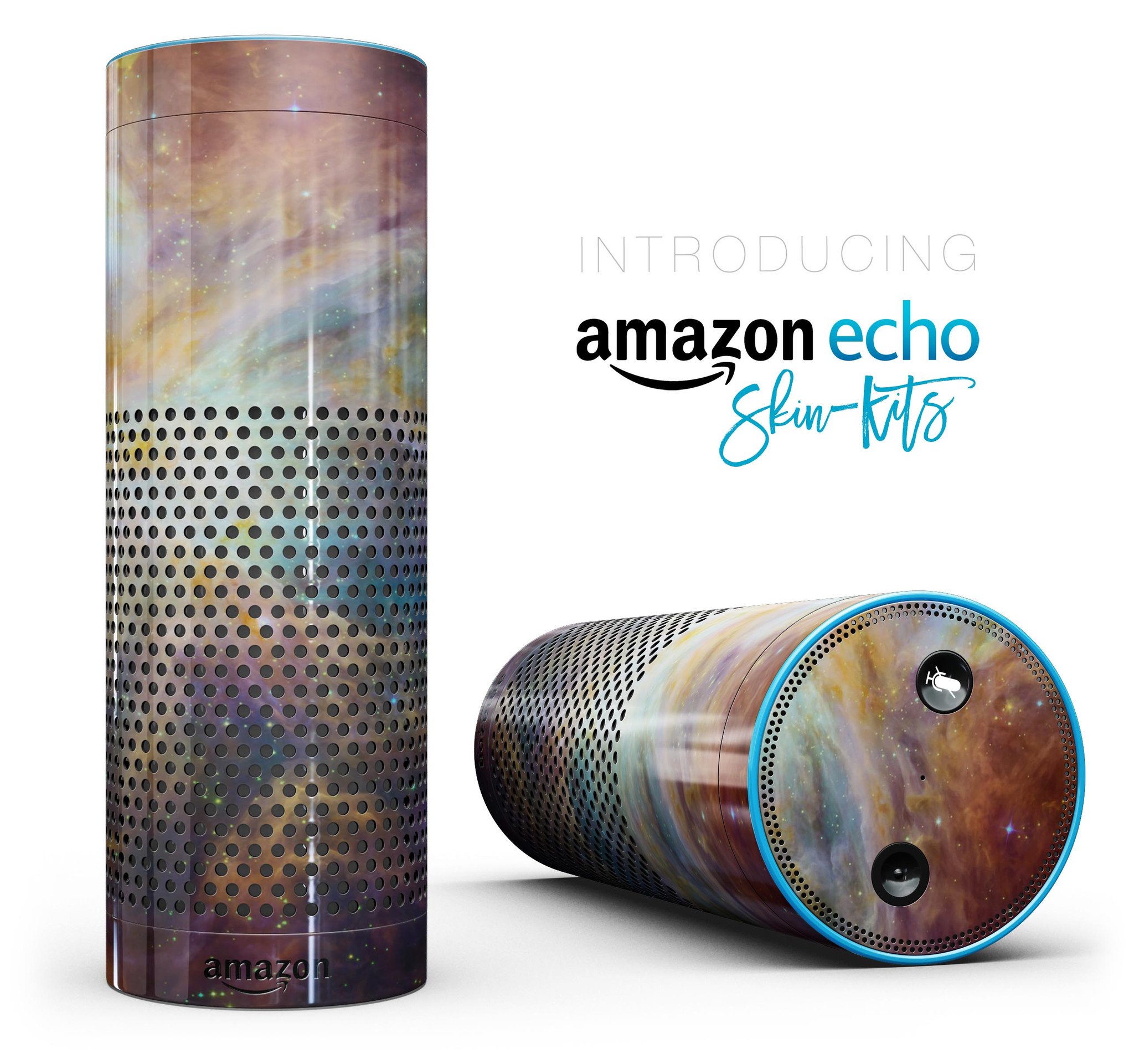 Multi-Colored Clouded Universe skin kit for Amazon Echo, showcasing vibrant colors and precise cutouts for full-body protection.