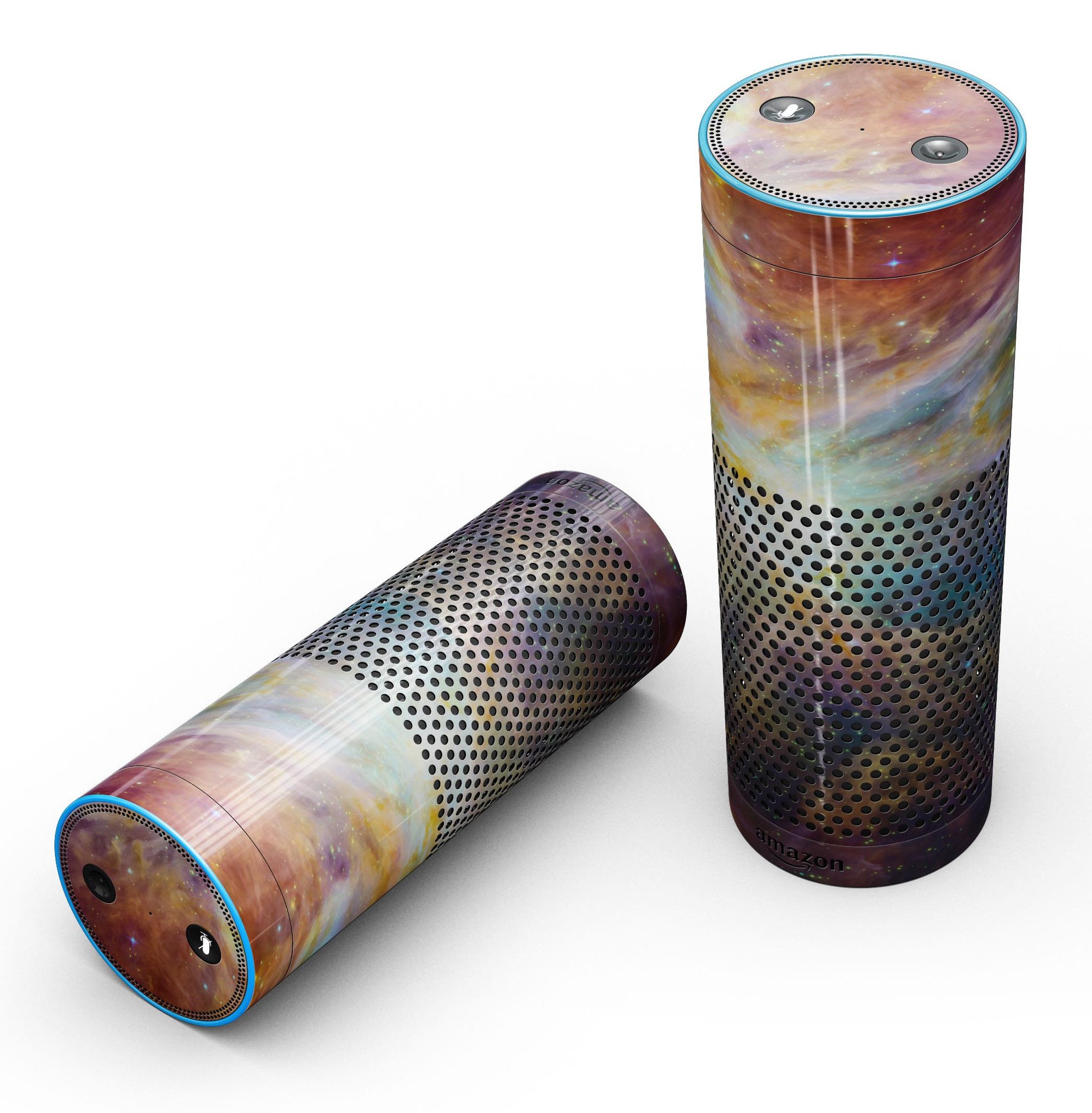 Multi-Colored Clouded Universe skin kit for Amazon Echo, showcasing vibrant colors and precise cutouts for full-body protection.