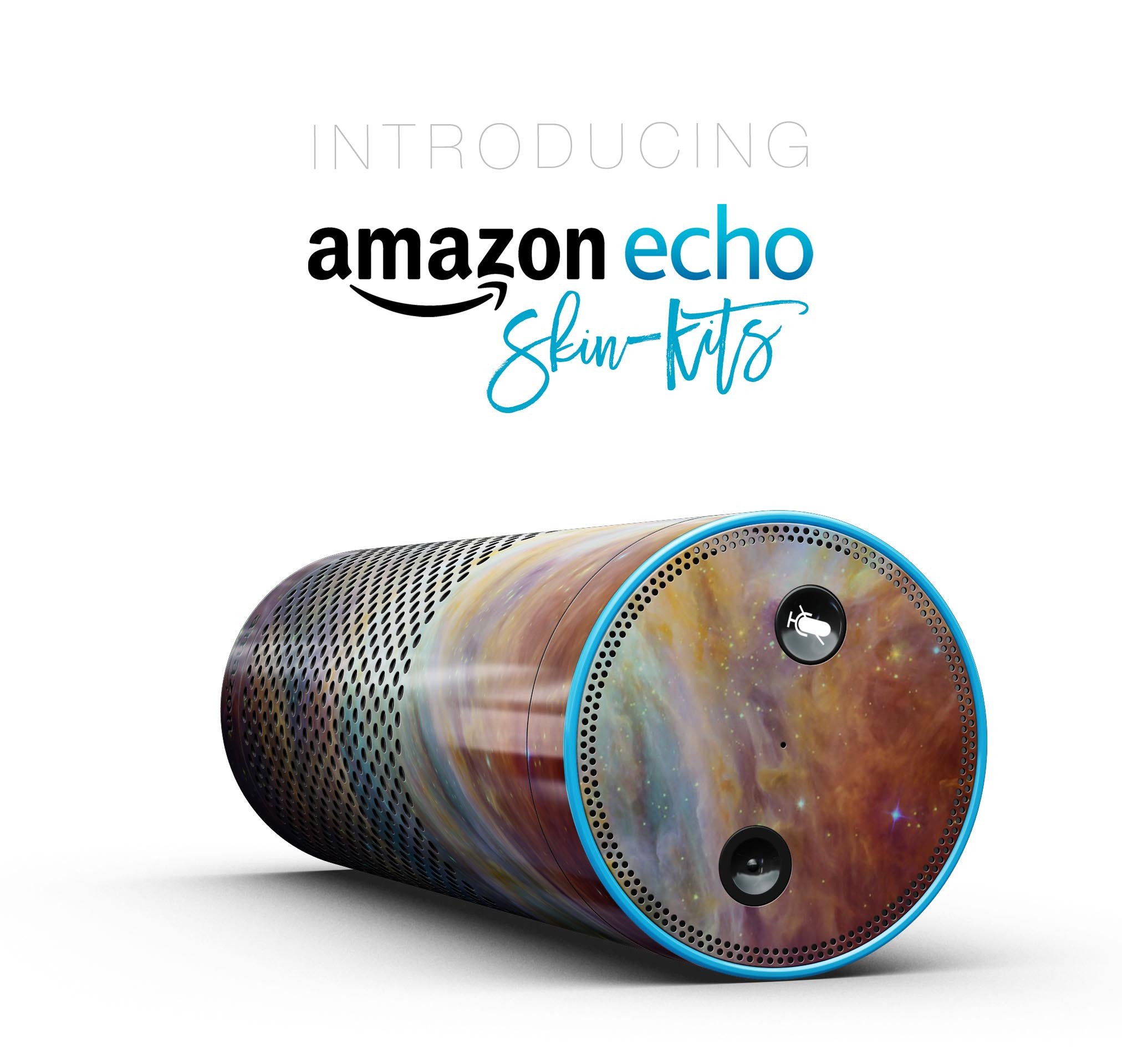 Multi-Colored Clouded Universe skin kit for Amazon Echo, showcasing vibrant colors and precise cutouts for full-body protection.