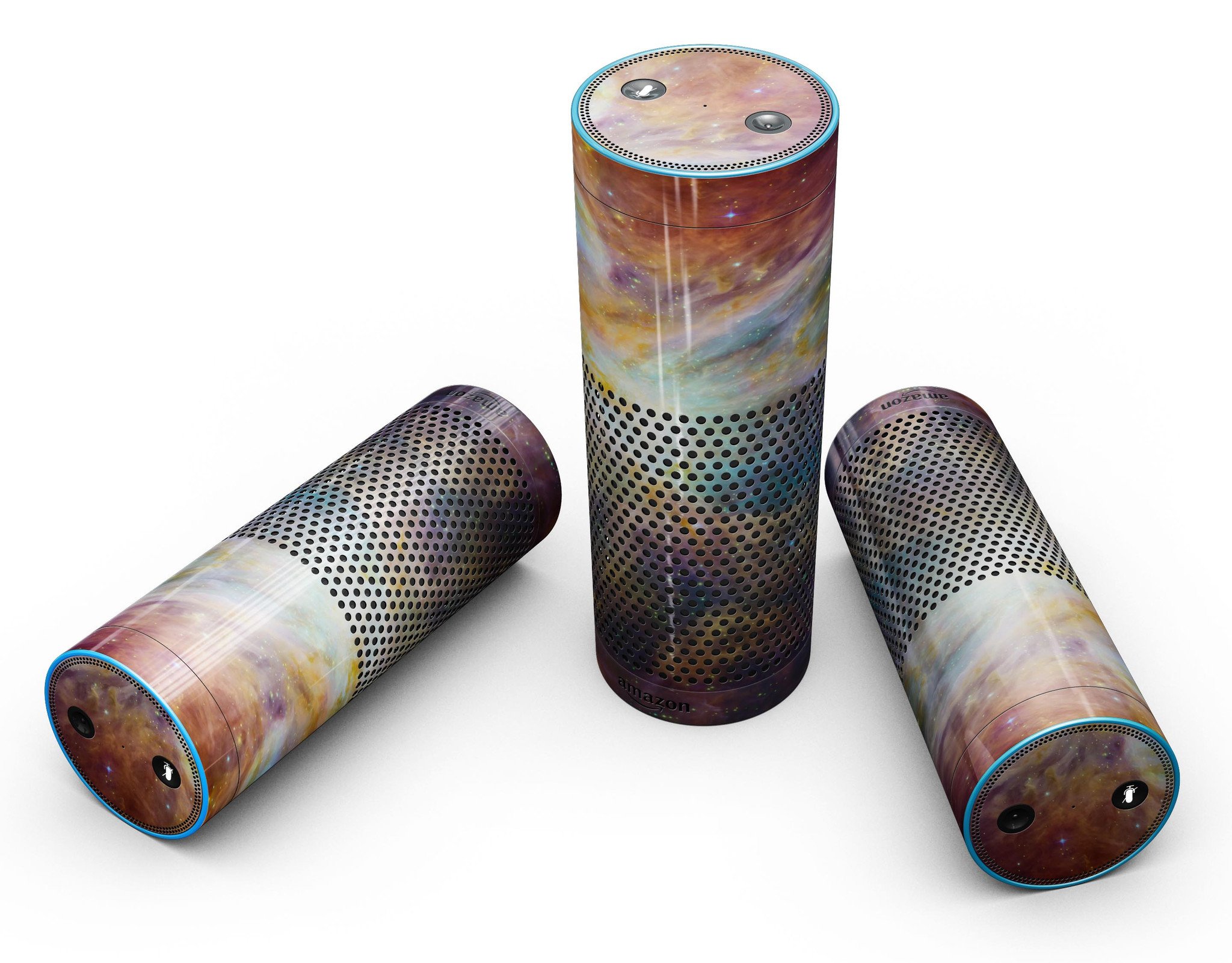 Multi-Colored Clouded Universe skin kit for Amazon Echo, showcasing vibrant colors and precise cutouts for full-body protection.