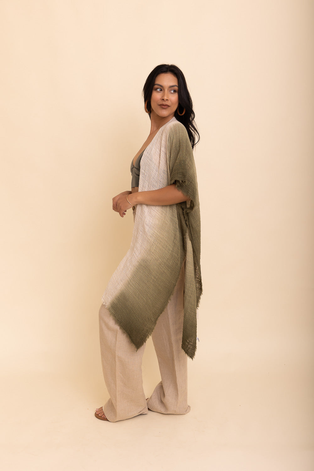 A lightweight cotton kimono in soothing blue and purple hues, featuring wide sleeves and a relaxed fit, perfect for casual wear.